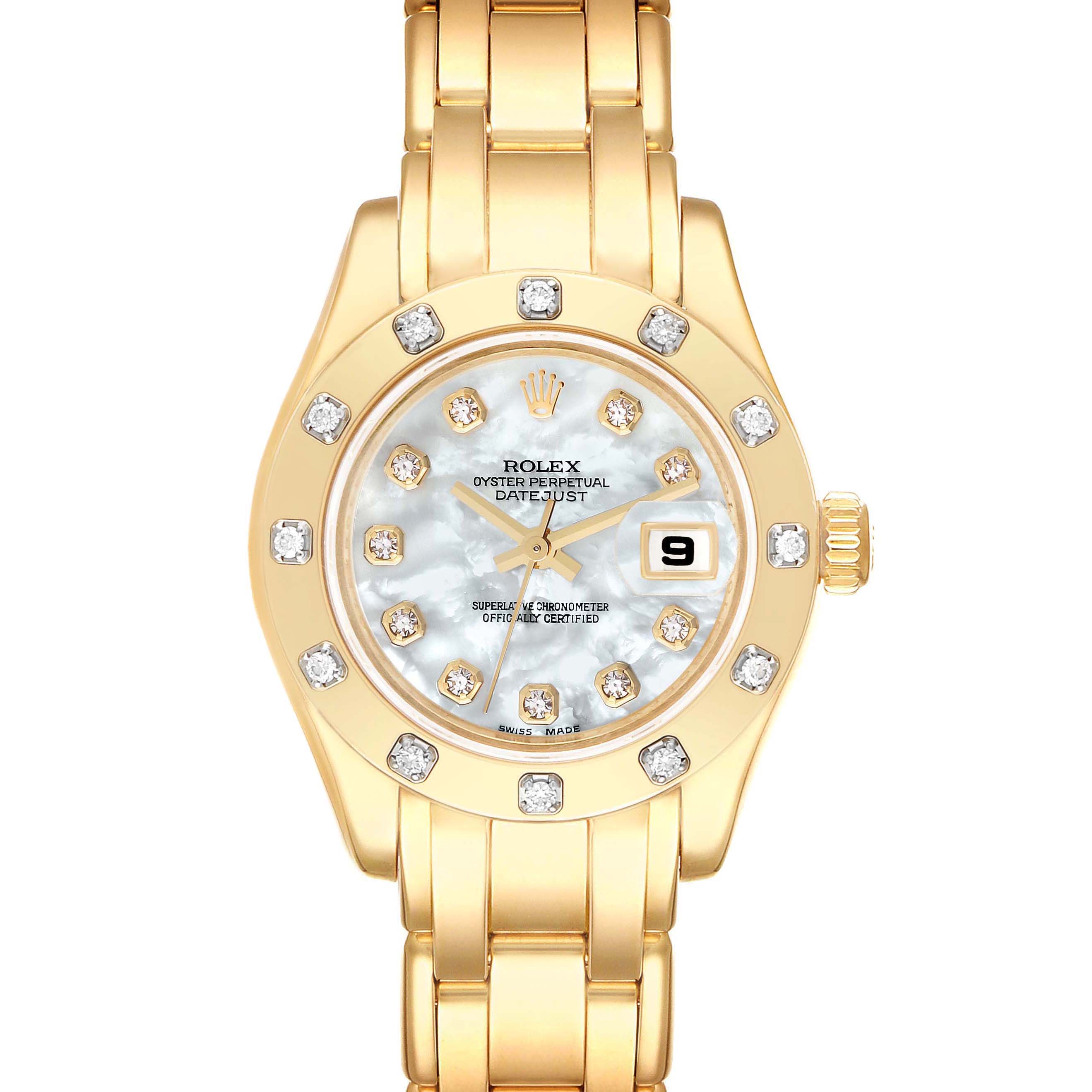 The image shows a front view of a Rolex Pearlmaster 80318 Women's Yellow Gold Mother of Pearl Dial 80318 Women's Yellow Gold Mother of Pearl Dial watch, featuring a gold bracelet and a diamond-studded bezel.