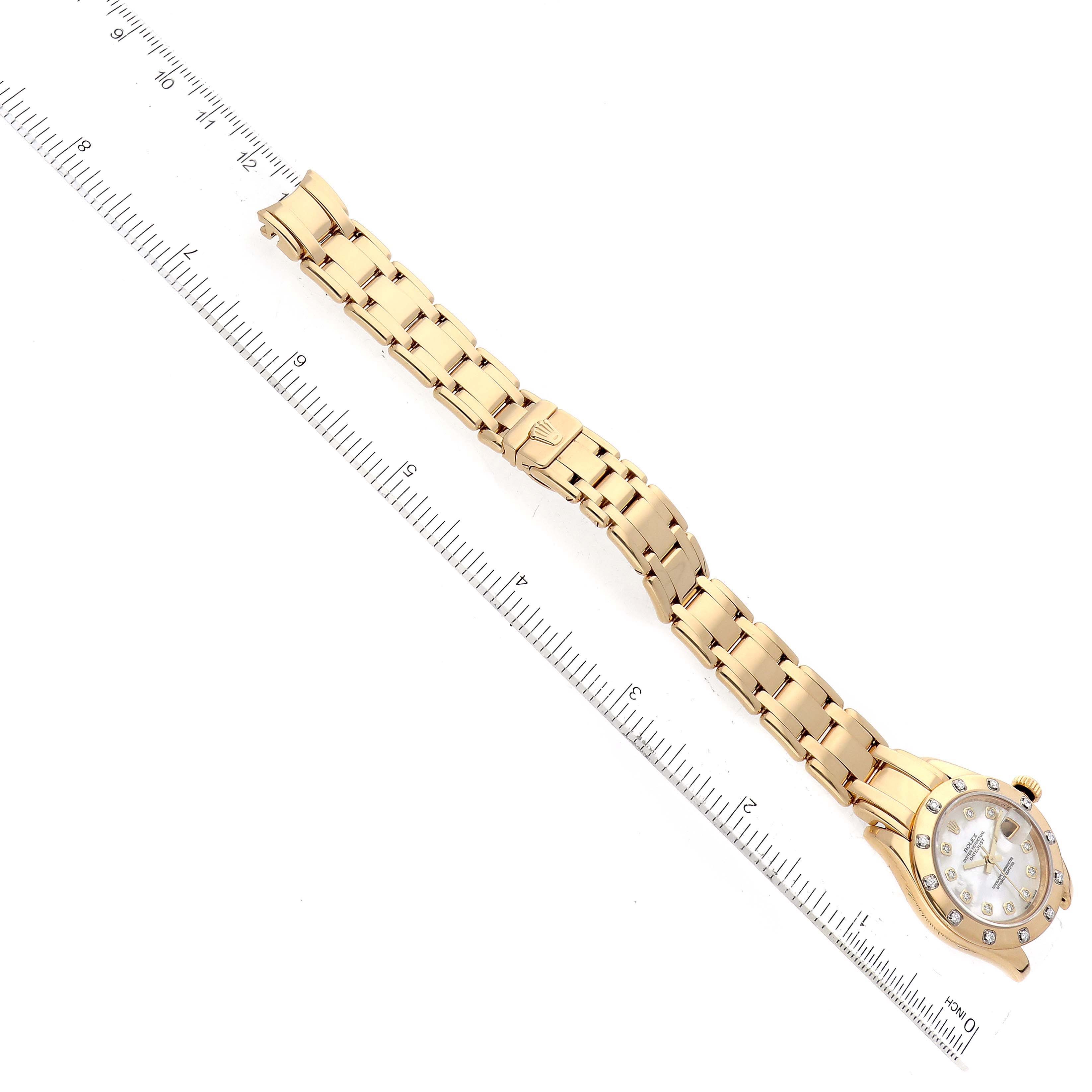 The image shows a Rolex Pearlmaster 80318 Women's Yellow Gold Mother of Pearl Dial 80318 Women's Yellow Gold Mother of Pearl Dial watch photographed from an overhead angle, displaying its face, bezel, and bracelet.