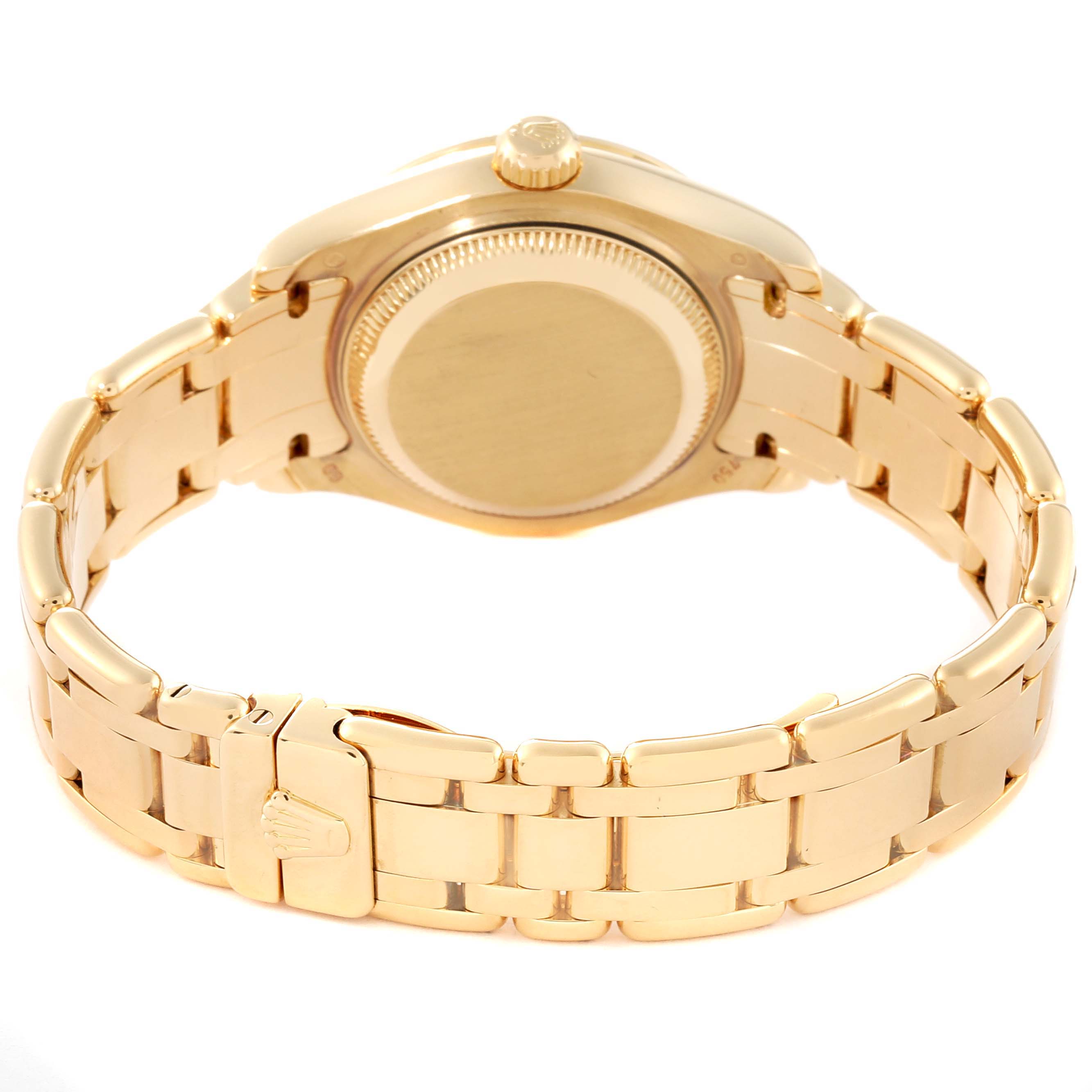 The image shows the Rolex Pearlmaster 80318 Women's Yellow Gold Mother of Pearl Dial 80318 Women's Yellow Gold Mother of Pearl Dial watch from the back angle, highlighting the bracelet and clasp.