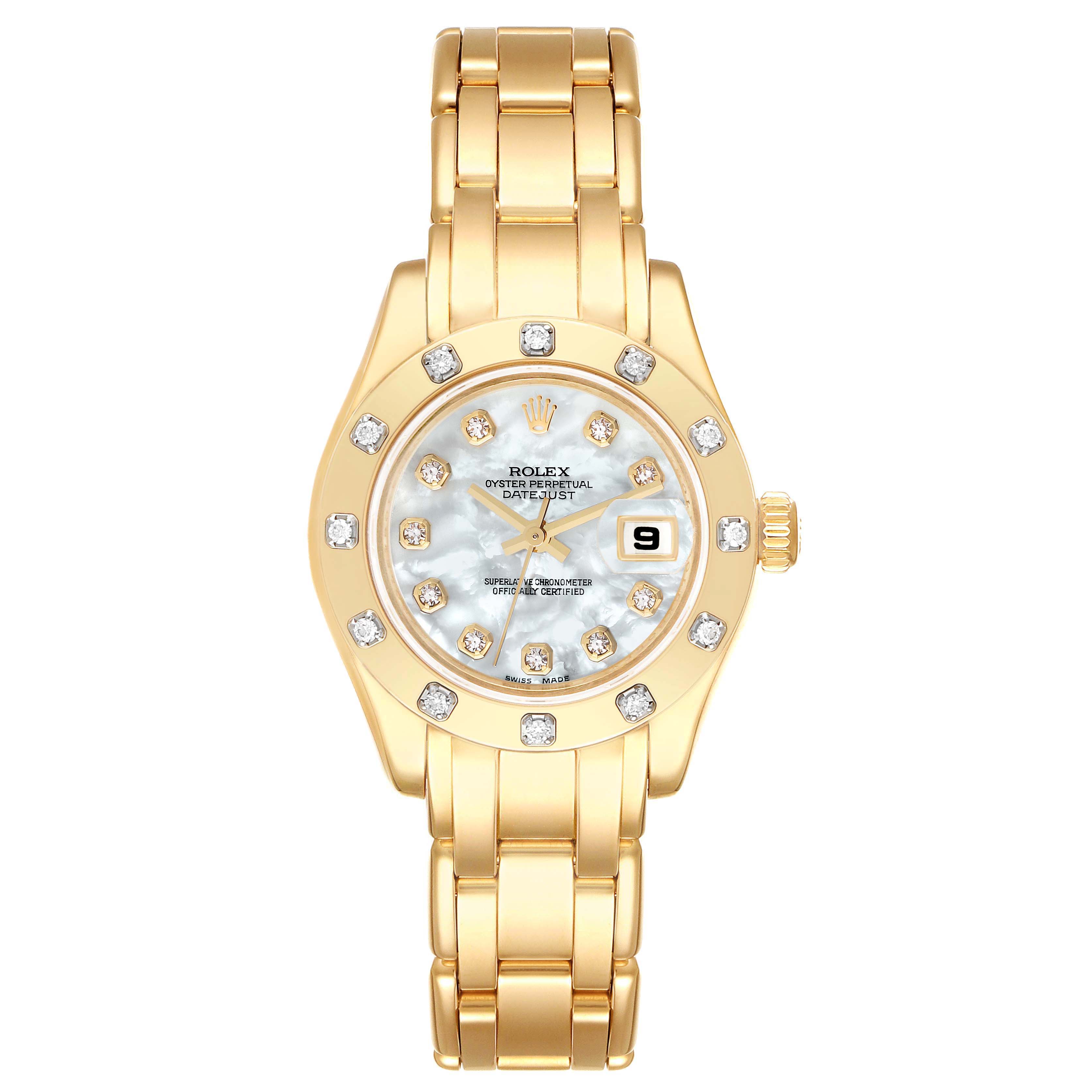 The image shows a Rolex Pearlmaster 80318 Women's Yellow Gold Mother of Pearl Dial 80318 Women's Yellow Gold Mother of Pearl Dial watch from a front angle, highlighting its gold band, diamond bezel, and date display.