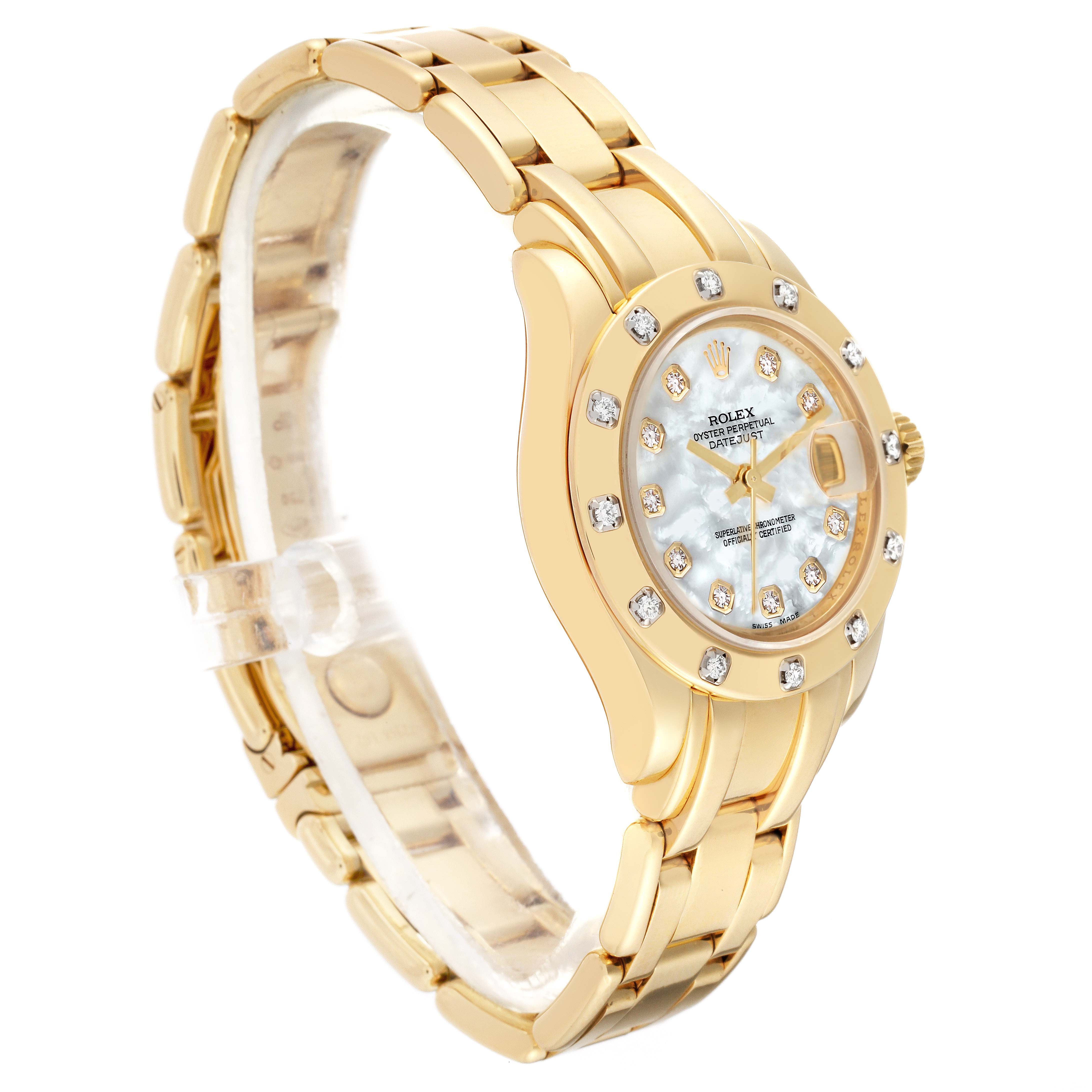 The image shows a Rolex Pearlmaster 80318 Women's Yellow Gold Mother of Pearl Dial 80318 Women's Yellow Gold Mother of Pearl Dial watch from a side angle, highlighting the band and face with diamond hour markers.