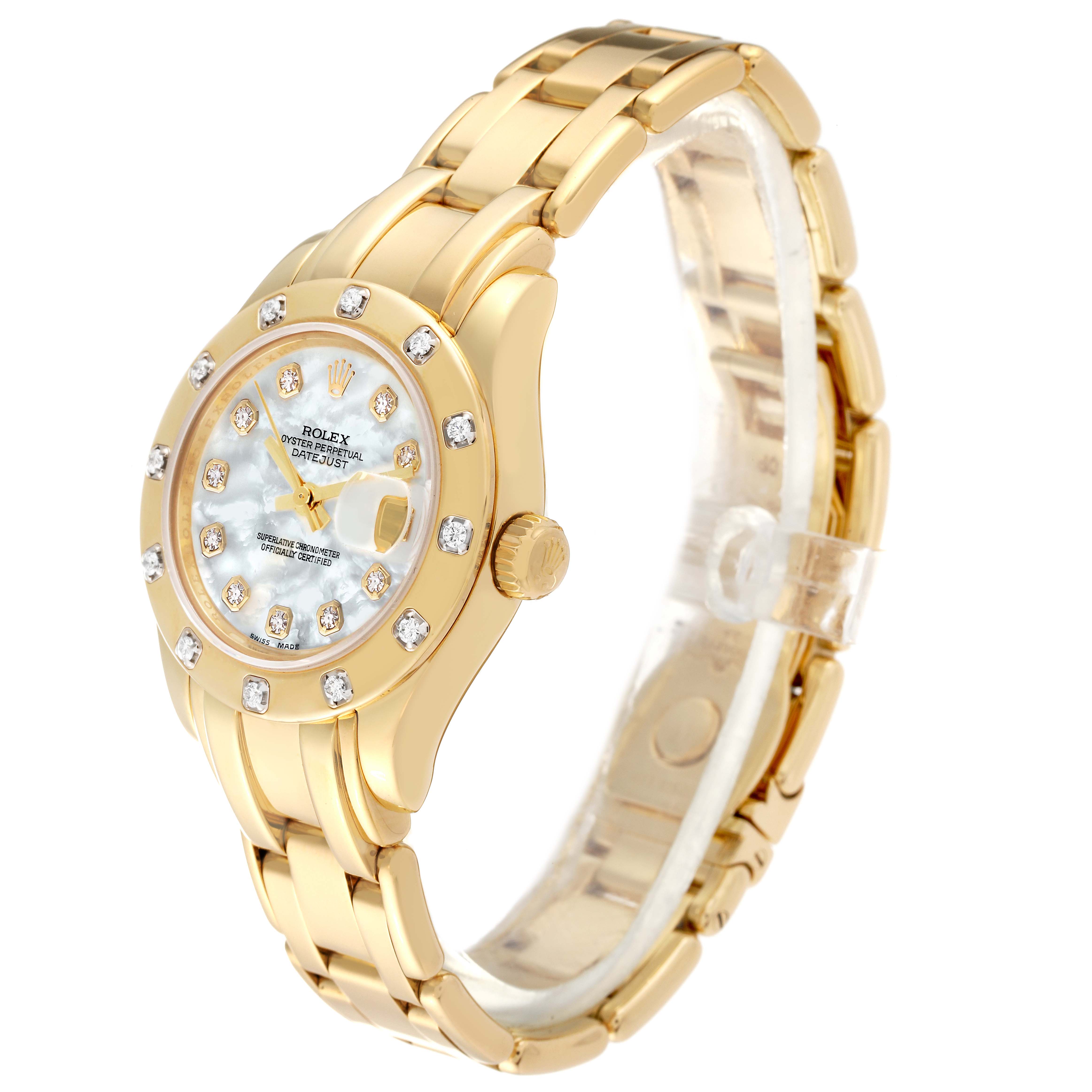 The Rolex Pearlmaster 80318 Women's Yellow Gold Mother of Pearl Dial 80318 Women's Yellow Gold Mother of Pearl Dial watch is shown at a three-quarter angle, highlighting the gold bracelet, diamond bezel, and mother-of-pearl dial.