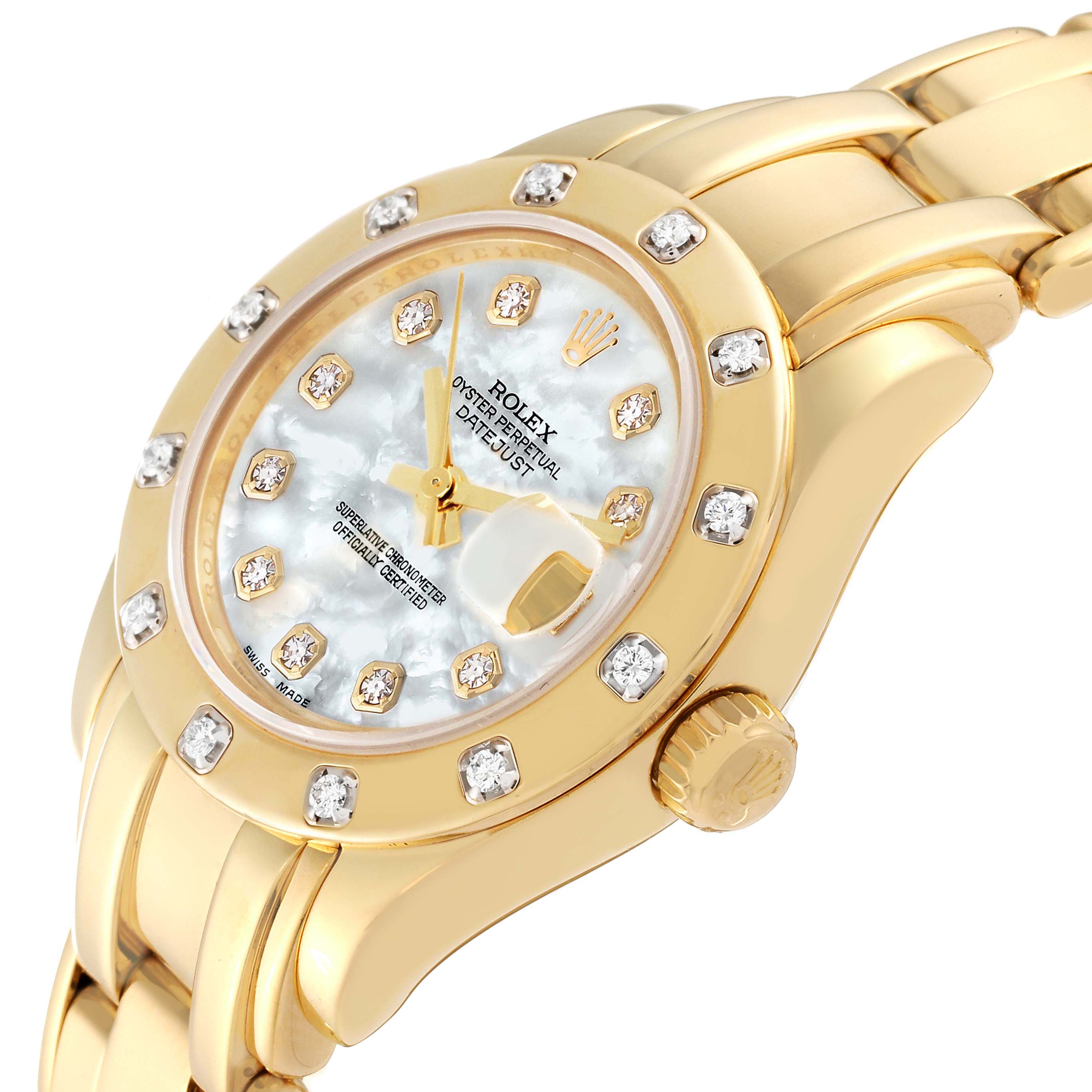 The image shows a side view of the Rolex Pearlmaster 80318 Women's Yellow Gold Mother of Pearl Dial 80318 Women's Yellow Gold Mother of Pearl Dial watch, emphasizing the face, bezel with diamonds, and part of the gold bracelet.