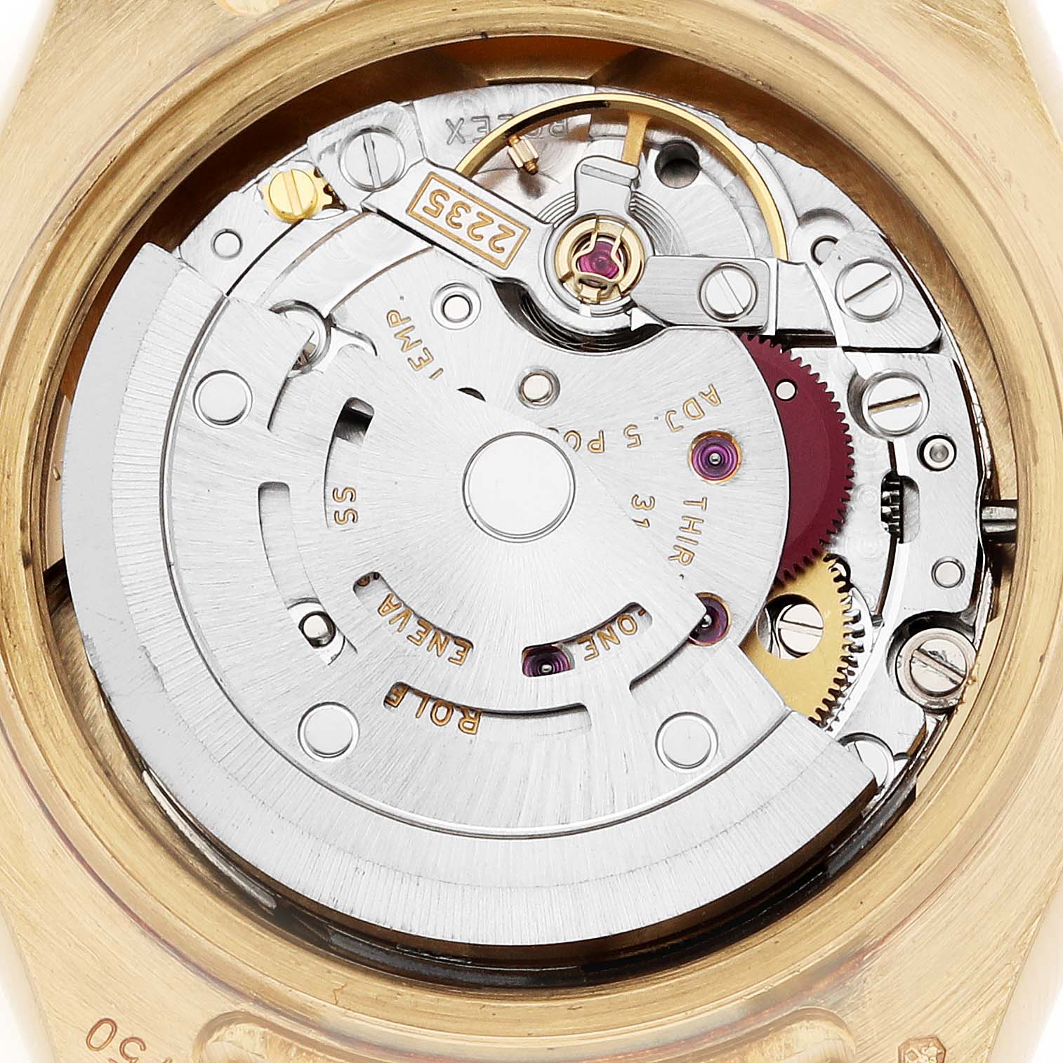 This image shows the inner movement mechanism of the Rolex Pearlmaster 80318 Women's Yellow Gold Mother of Pearl Dial 80318 Women's Yellow Gold Mother of Pearl Dial watch from a back angle.
