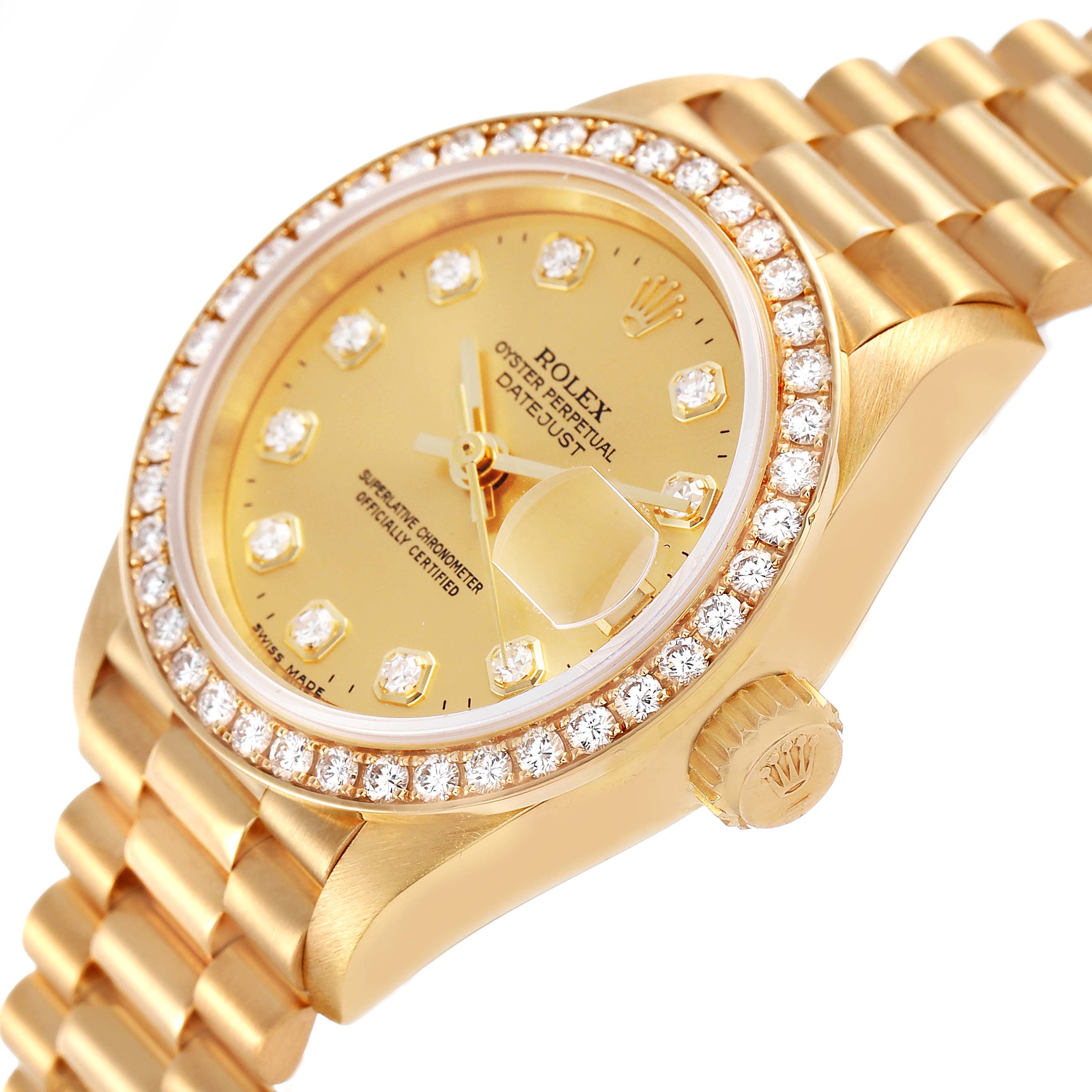 The Rolex President 69138 Women's Yellow Gold Champagne Dial model is shown at an oblique angle, highlighting the diamond bezel, gold dial, and bracelet.