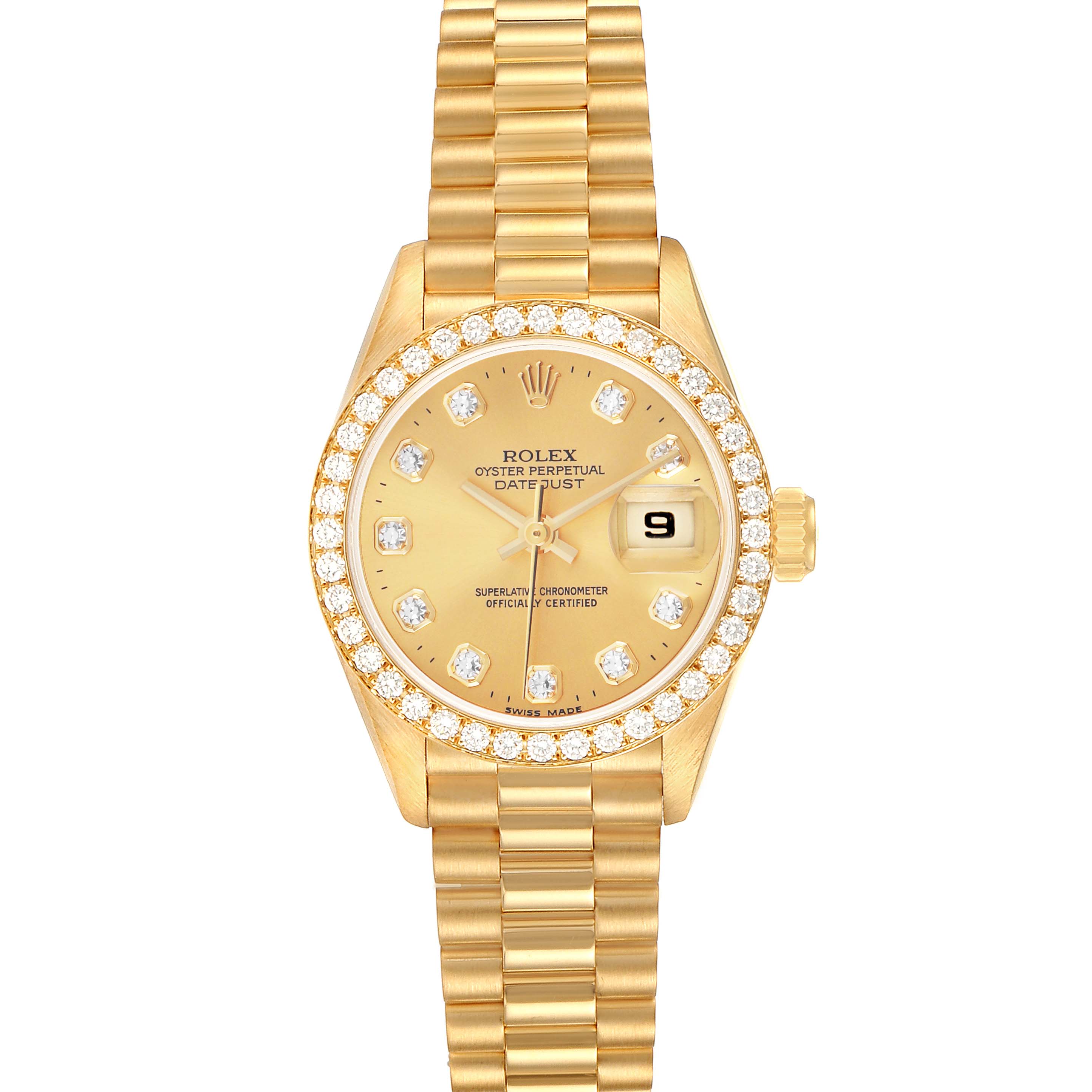 The Rolex President 69138 Women's Yellow Gold Champagne Dial model watch is shown from the top, featuring a gold bracelet, diamond bezel, and date display.