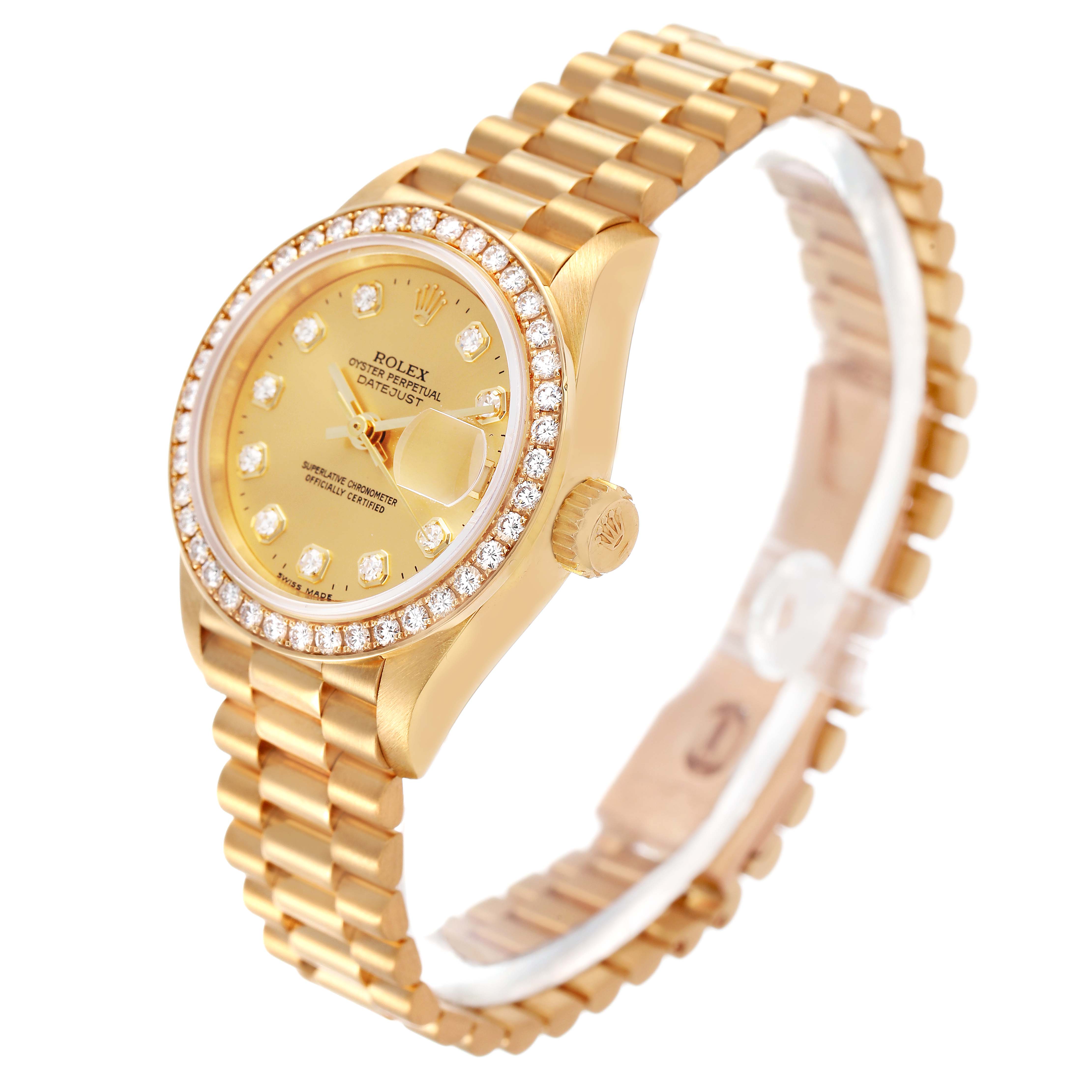 The Rolex President 69138 Women's Yellow Gold Champagne Dial model watch is shown in a three-quarter angle, highlighting the gold case, diamond bezel, and bracelet.
