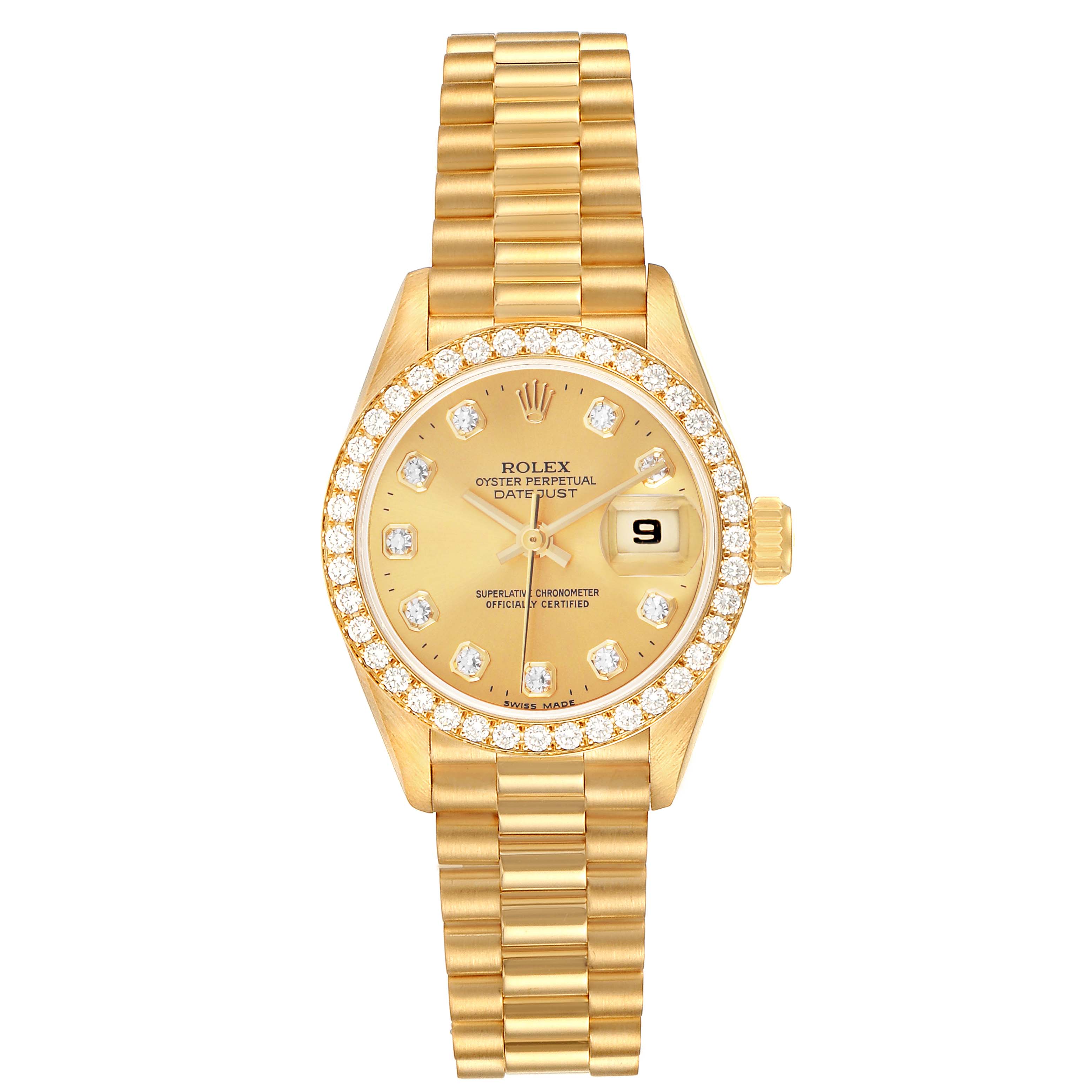 The Rolex President 69138 Women's Yellow Gold Champagne Dial model is shown from a front angle, displaying the dial, bezel, and bracelet.