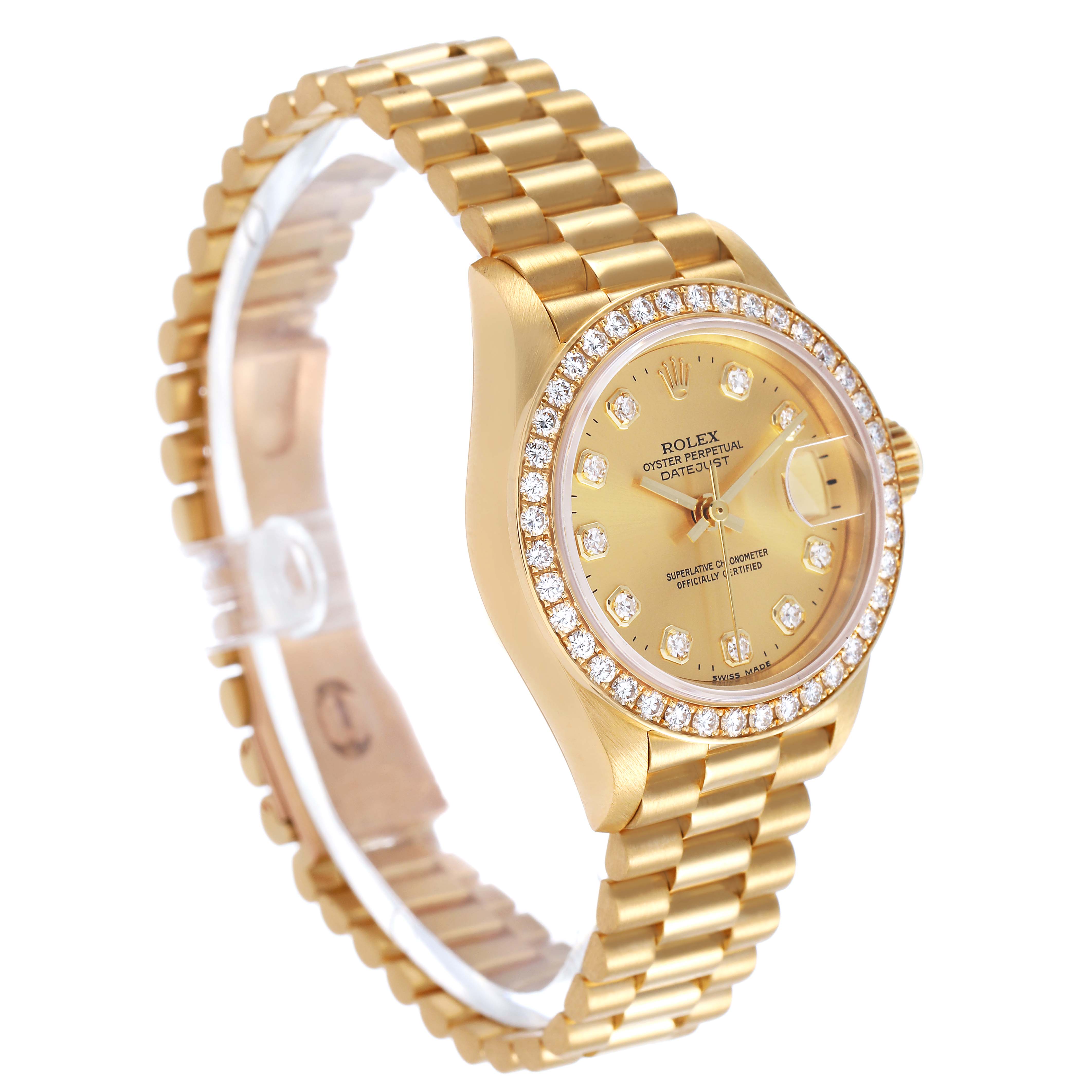 The Rolex President 69138 Women's Yellow Gold Champagne Dial model watch is shown at a three-quarter angle, displaying its gold bracelet, diamond-encrusted bezel, and dial.