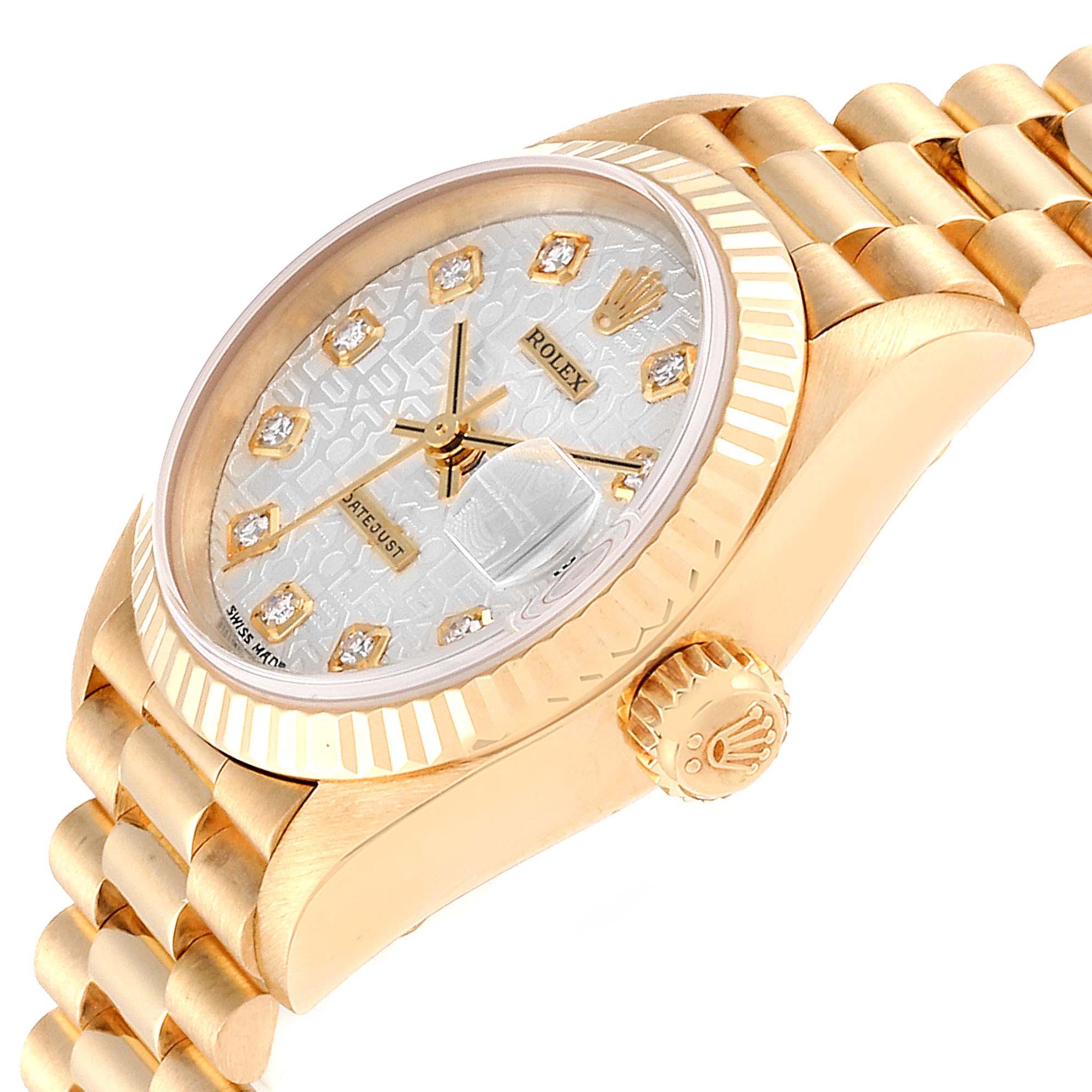 This image shows a diagonal close-up view of a Rolex President 79178 Women's Yellow Gold Silver Dial 79178 Women's Yellow Gold Silver Dial model watch, featuring its dial, bezel, crown, and bracelet.