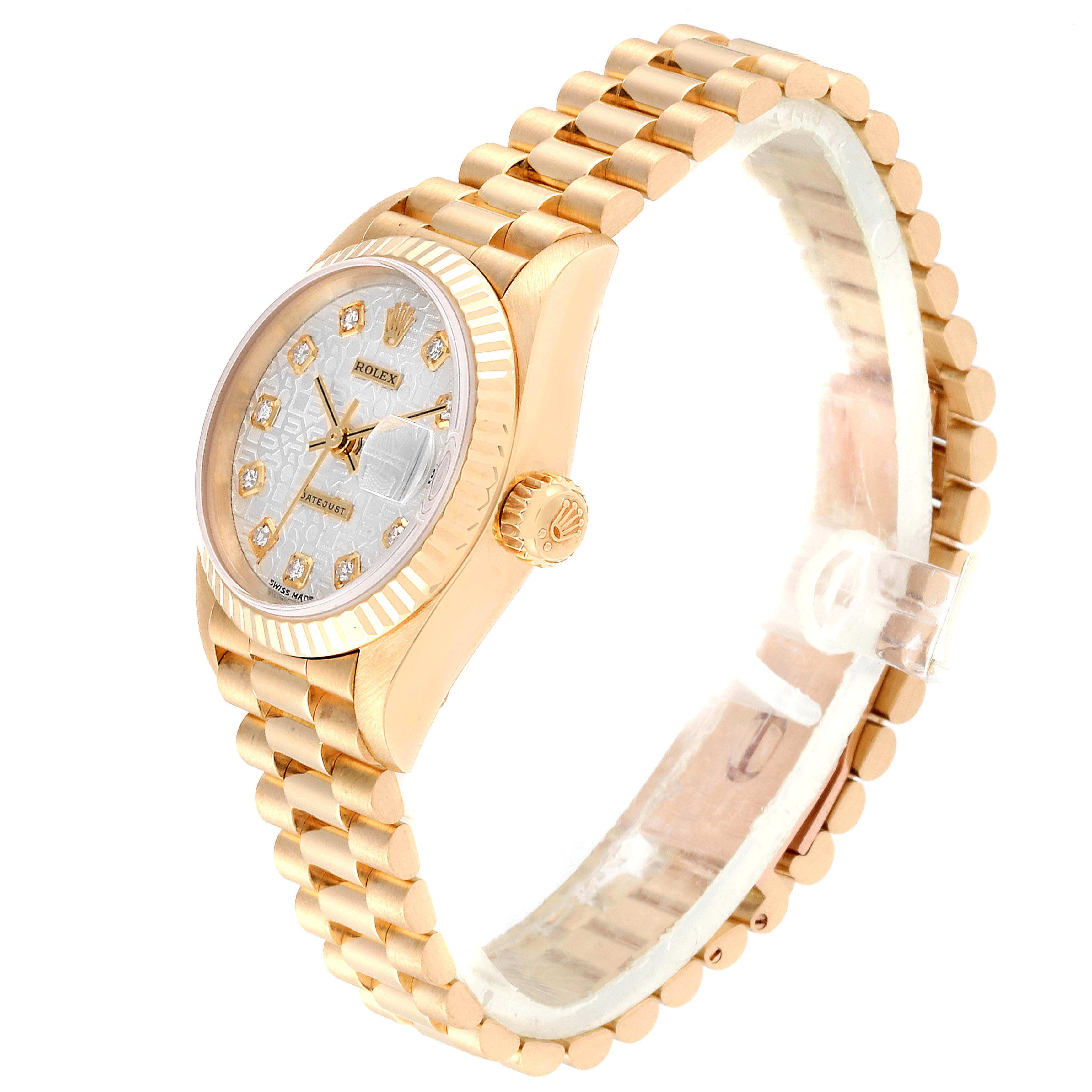 The image shows a side view of the Rolex President 79178 Women's Yellow Gold Silver Dial 79178 Women's Yellow Gold Silver Dial model watch, highlighting the bracelet, case, crown, and dial.