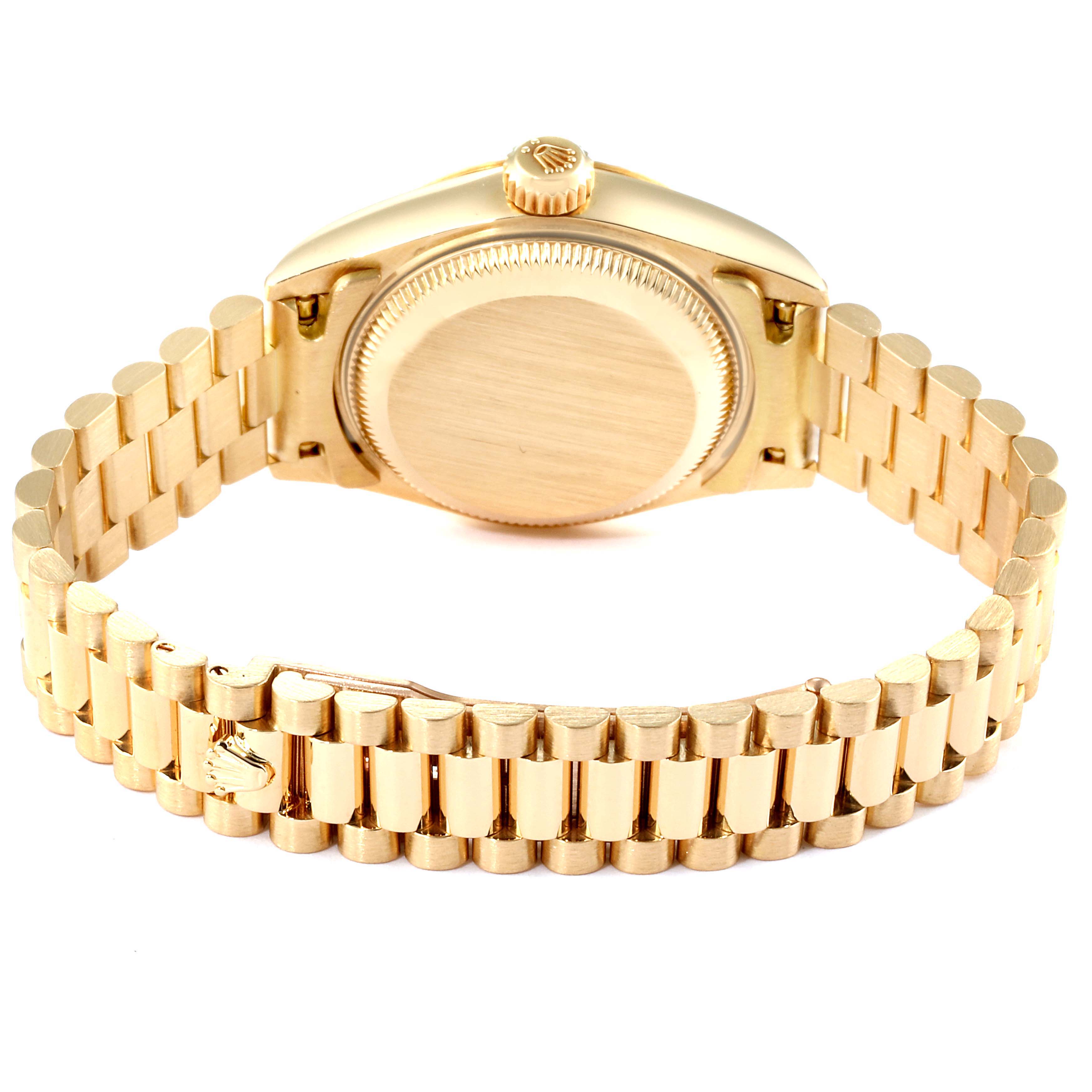 This image shows the back case and bracelet of a Rolex President 79178 Women's Yellow Gold Silver Dial 79178 Women's Yellow Gold Silver Dial model watch, highlighting the clasp and links.