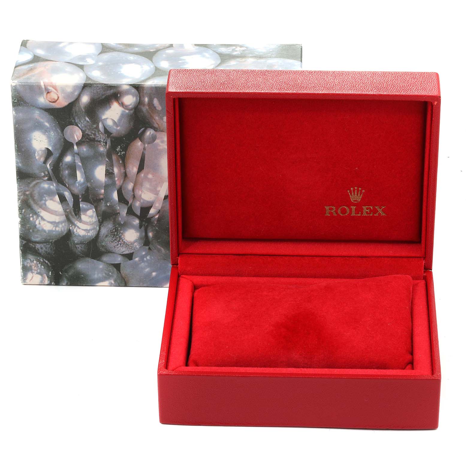 This image shows the open red box and outer packaging for the Rolex President 79178 Women's Yellow Gold Silver Dial 79178 Women's Yellow Gold Silver Dial model watch.