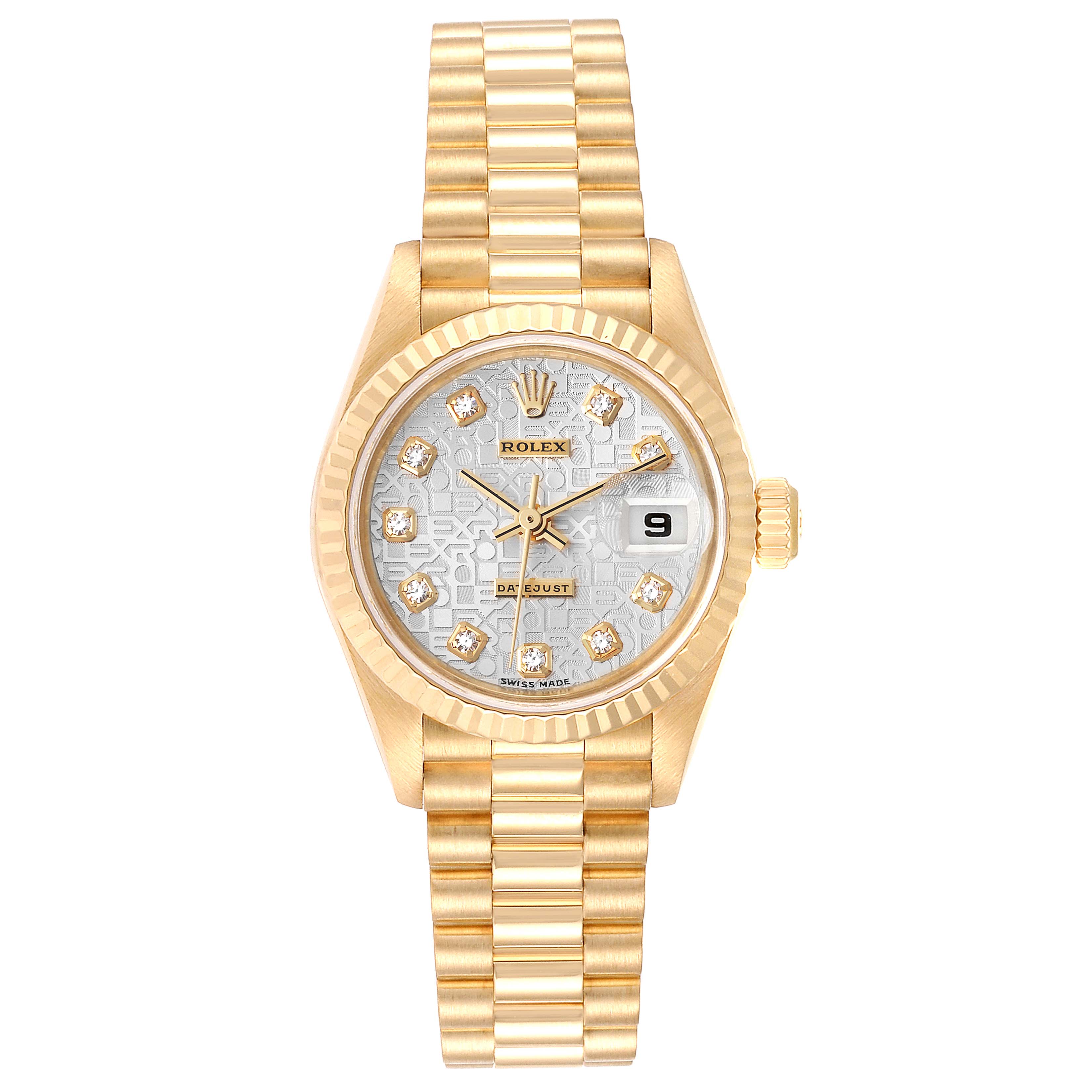 This image shows the front view of a Rolex President 79178 Women's Yellow Gold Silver Dial 79178 Women's Yellow Gold Silver Dial model watch, displaying the dial, bezel, crown, and bracelet.