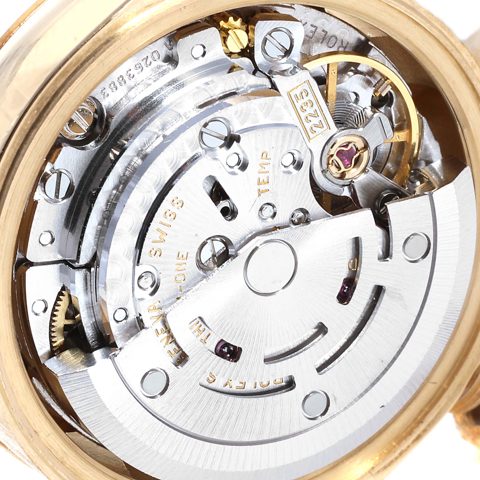 This image shows a close-up view of the inner mechanical movement of a Rolex President 79178 Women's Yellow Gold Silver Dial 79178 Women's Yellow Gold Silver Dial model watch.