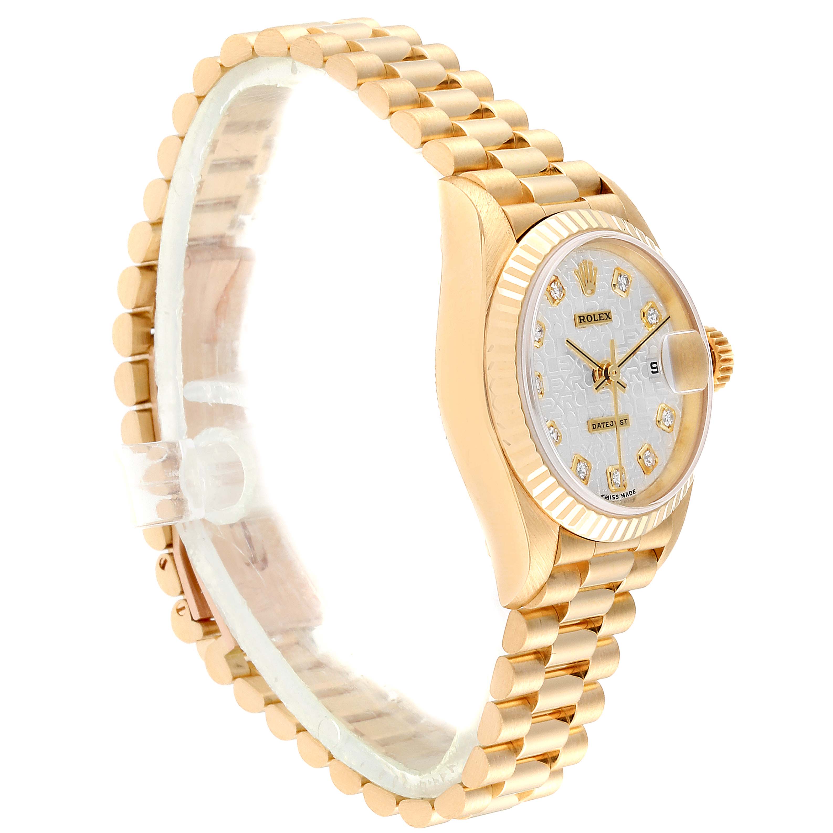 The image shows a Rolex President 79178 Women's Yellow Gold Silver Dial 79178 Women's Yellow Gold Silver Dial model watch from an angled side view, highlighting the watch face, crown, and bracelet.