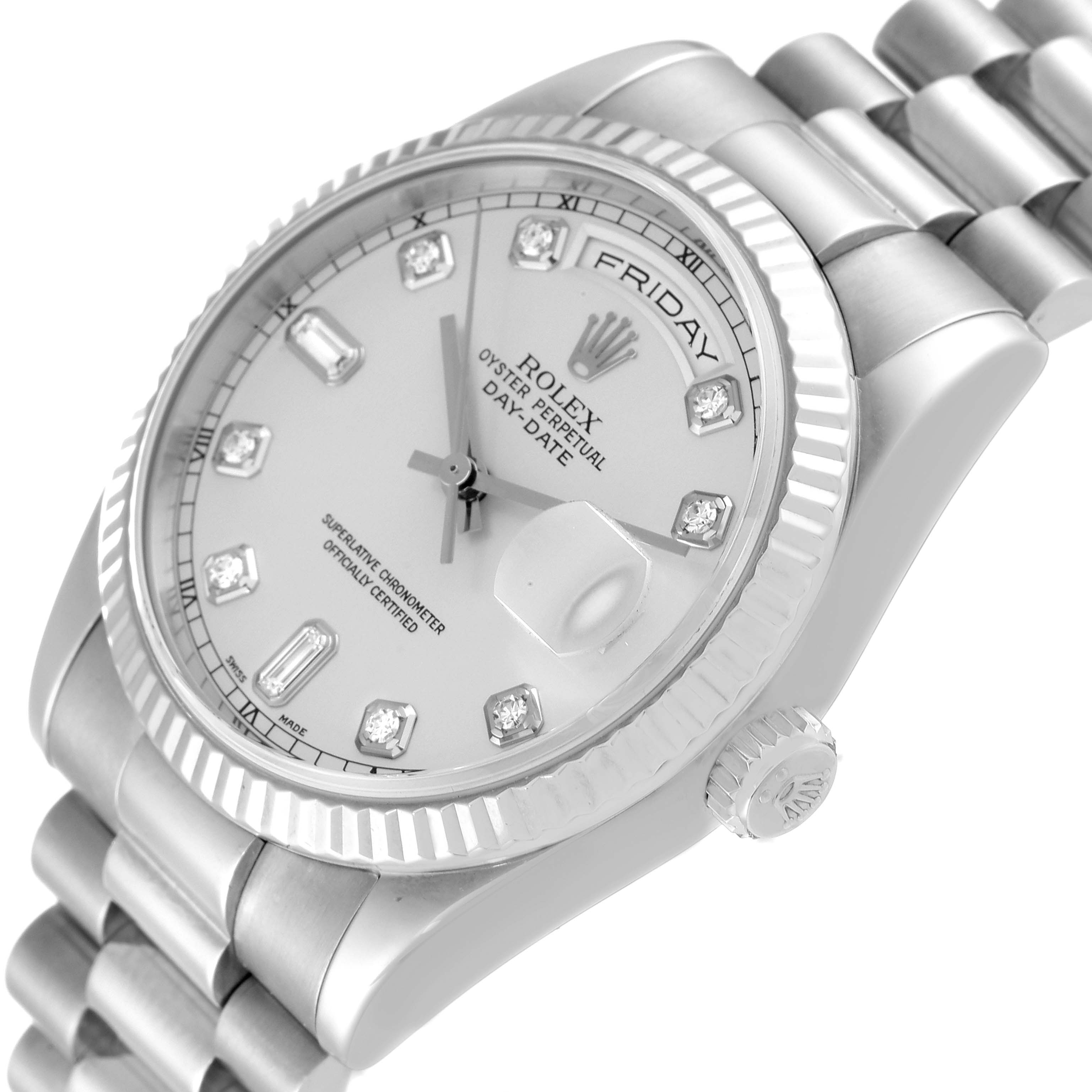The image shows a side angle of the Rolex President 118239 Men's White Gold Silver Dial 118239 Men's White Gold Silver Dial model, highlighting its dial, bezel, and bracelet.