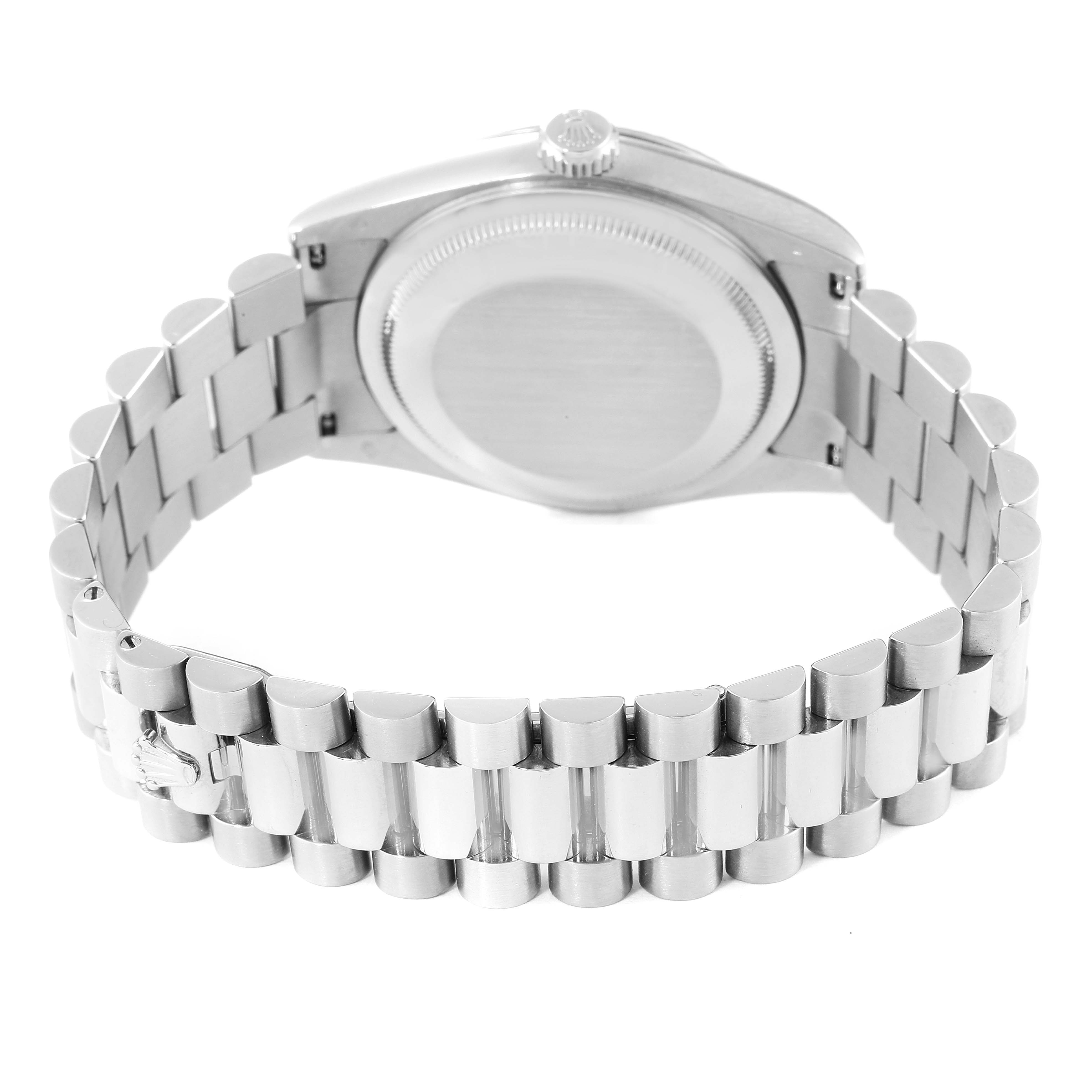 The image shows the back case and bracelet of a Rolex President 118239 Men's White Gold Silver Dial 118239 Men's White Gold Silver Dial model watch from a rear angle.