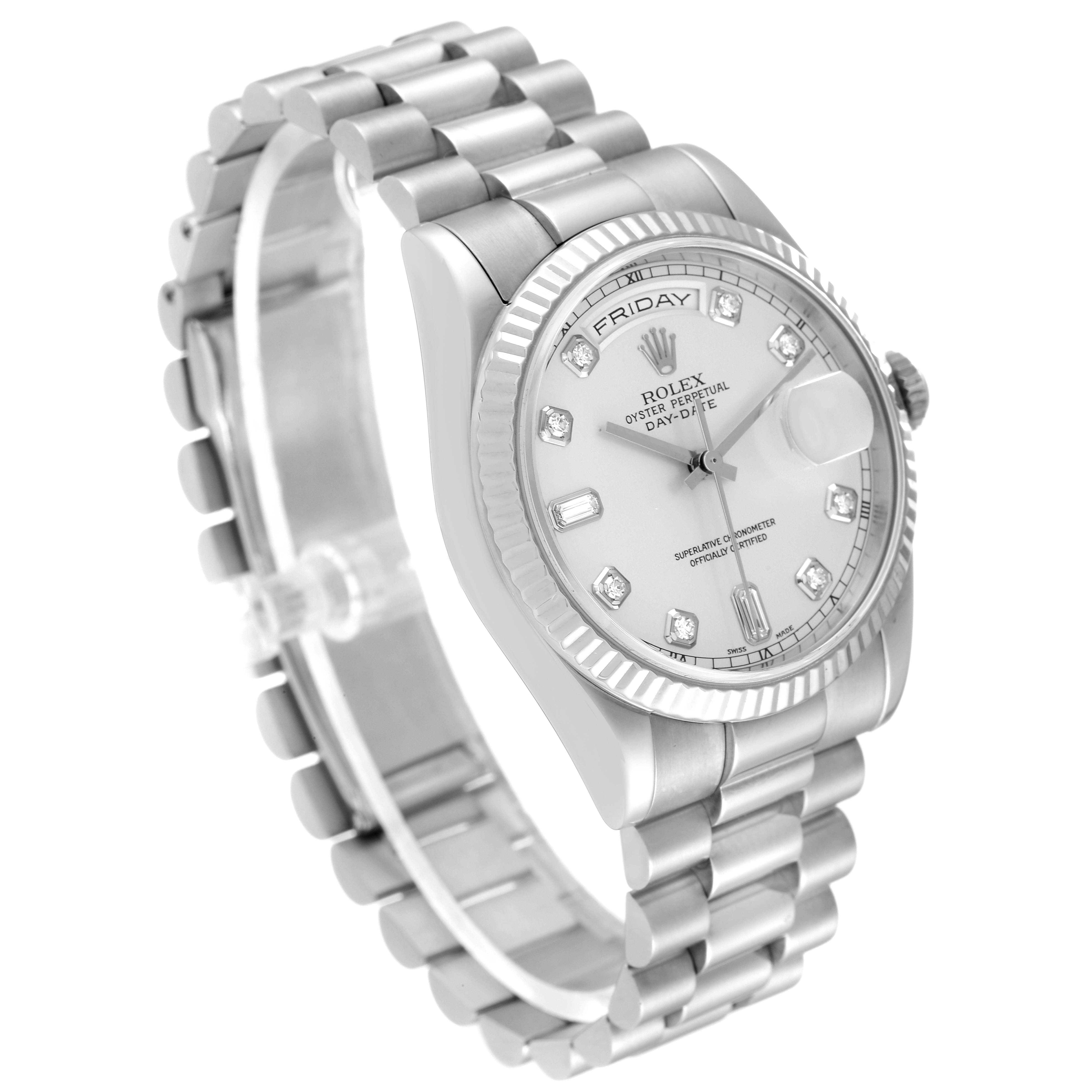 The image shows the Rolex President 118239 Men's White Gold Silver Dial 118239 Men's White Gold Silver Dial model watch at a three-quarter angle, focusing on its dial, bezel, and bracelet.