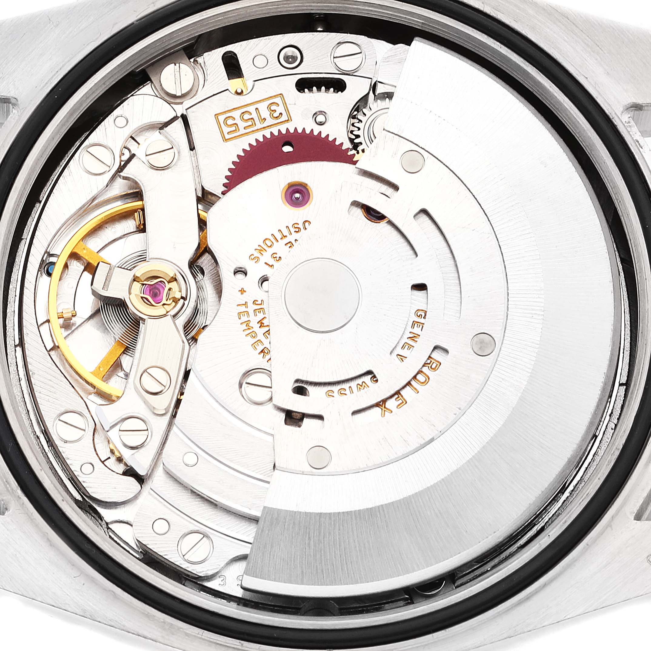The image shows a close-up of the internal movement components of the Rolex President 118239 Men's White Gold Silver Dial 118239 Men's White Gold Silver Dial model watch.