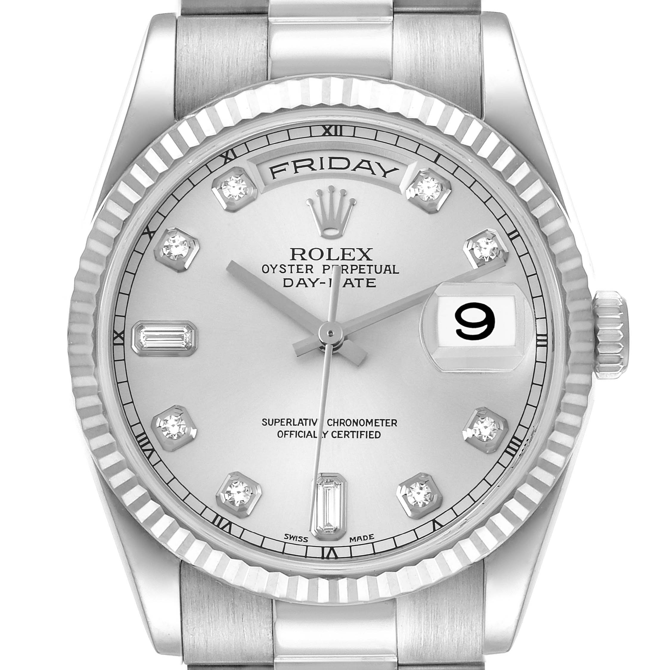 The image shows a front view of the watchface and part of the band of a Rolex President 118239 Men's White Gold Silver Dial 118239 Men's White Gold Silver Dial Day-Date model.