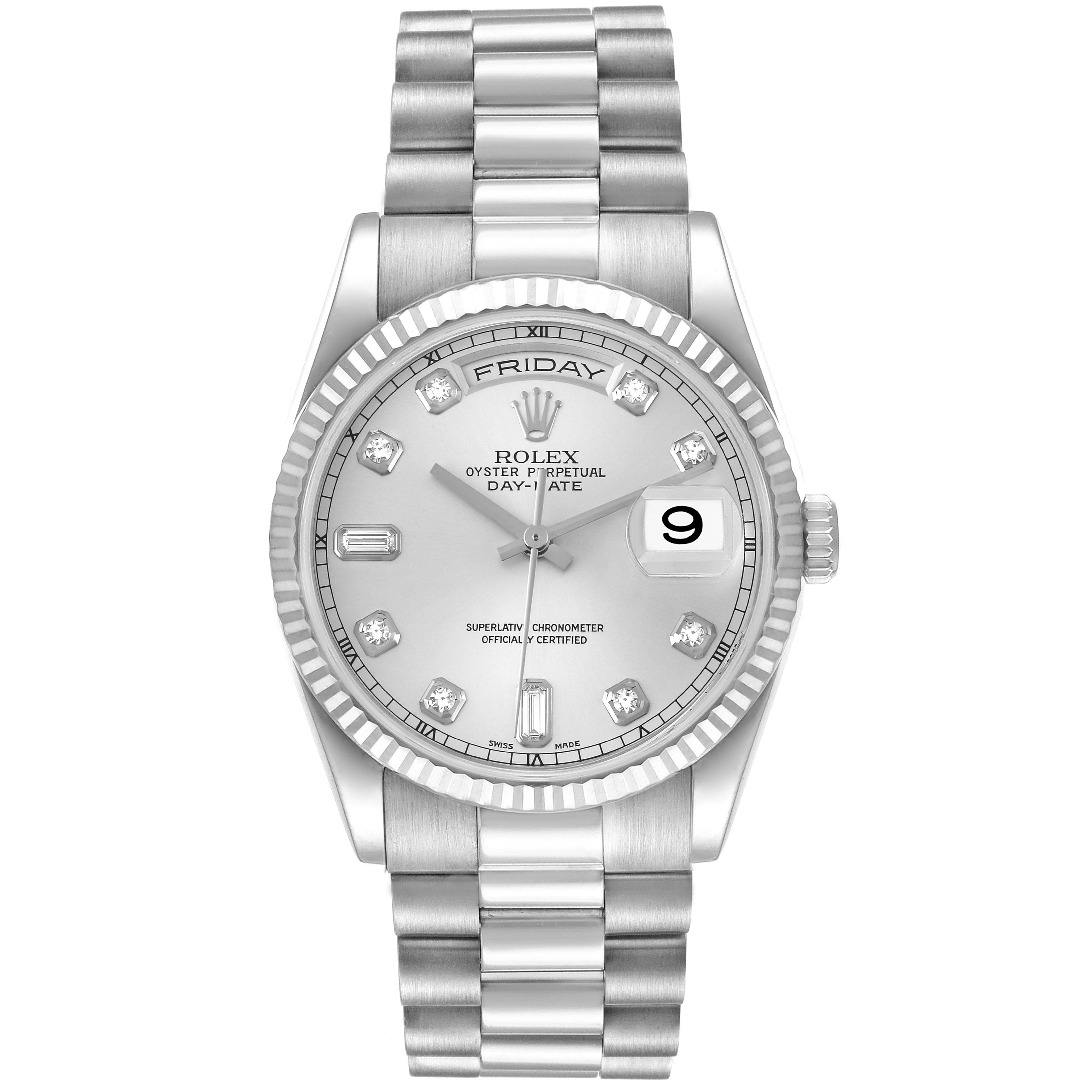 This image shows a front view of a Rolex President 118239 Men's White Gold Silver Dial 118239 Men's White Gold Silver Dial model watch displaying the dial, bracelet, and date window.