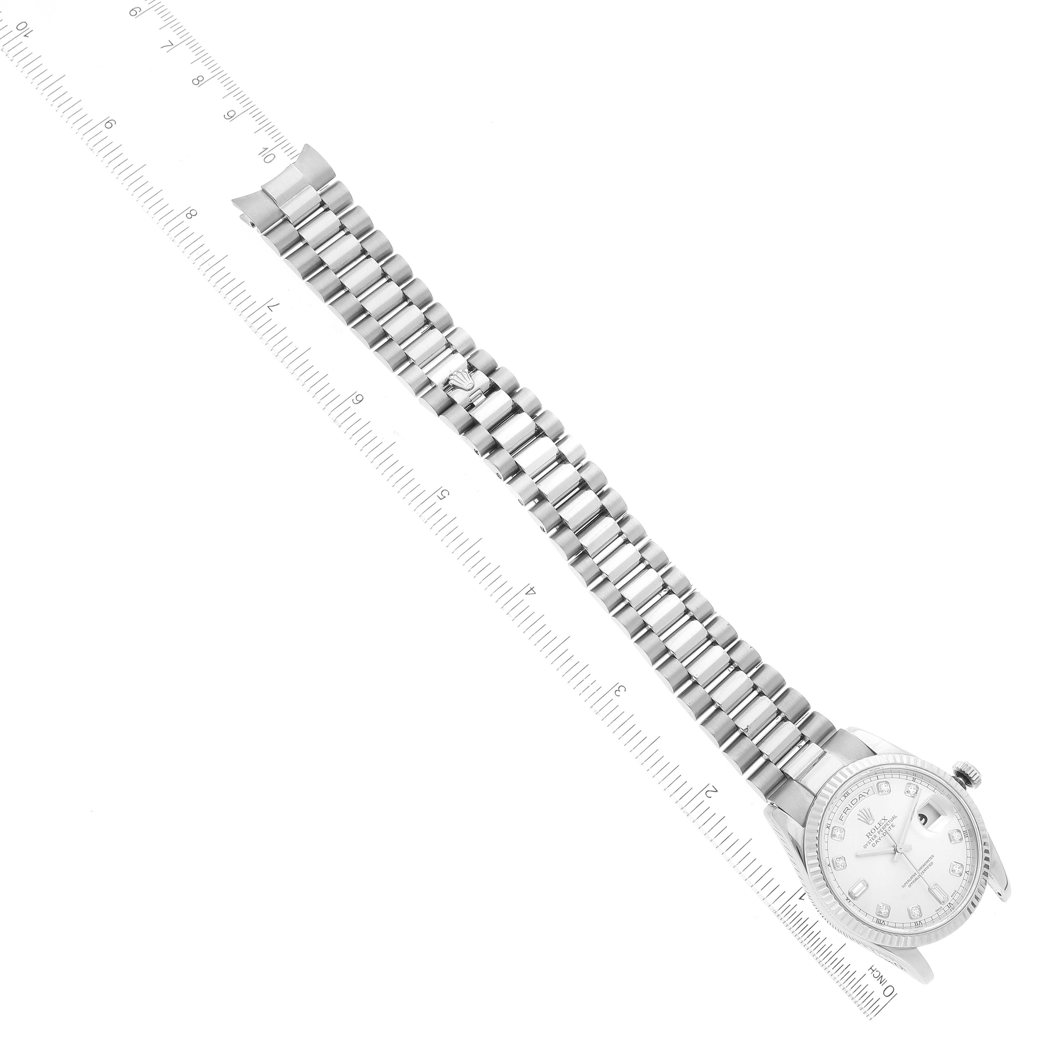 The image shows a top-down view of a Rolex President 118239 Men's White Gold Silver Dial 118239 Men's White Gold Silver Dial watch, including the dial and full bracelet with a ruler for scale.