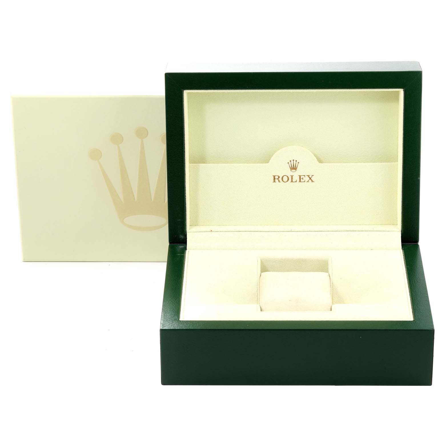 The image shows an open green and cream Rolex watch box, likely for a President model.