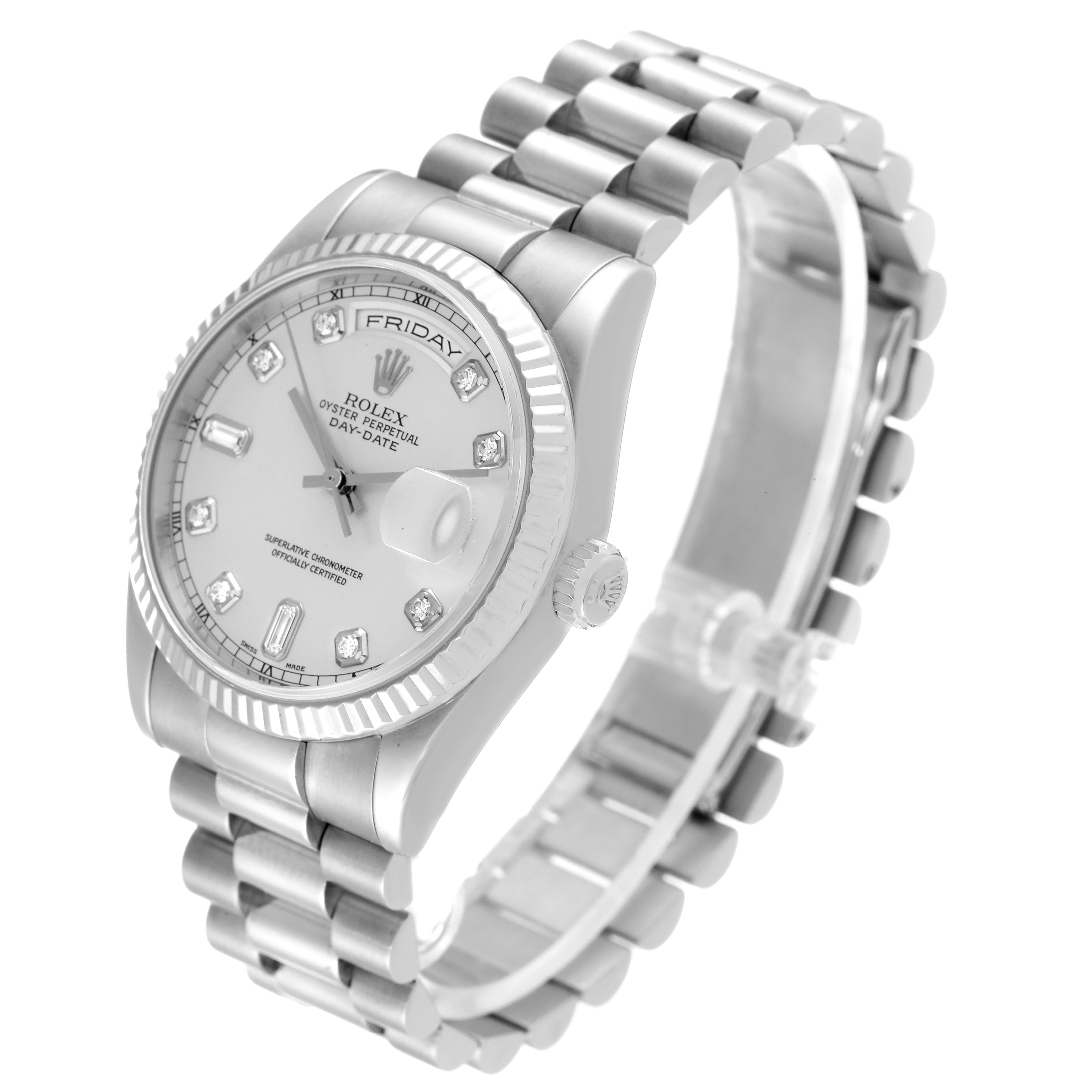 The Rolex President 118239 Men's White Gold Silver Dial 118239 Men's White Gold Silver Dial model watch is shown at a 3/4 angle, displaying the face, bezel, crown, and bracelet.