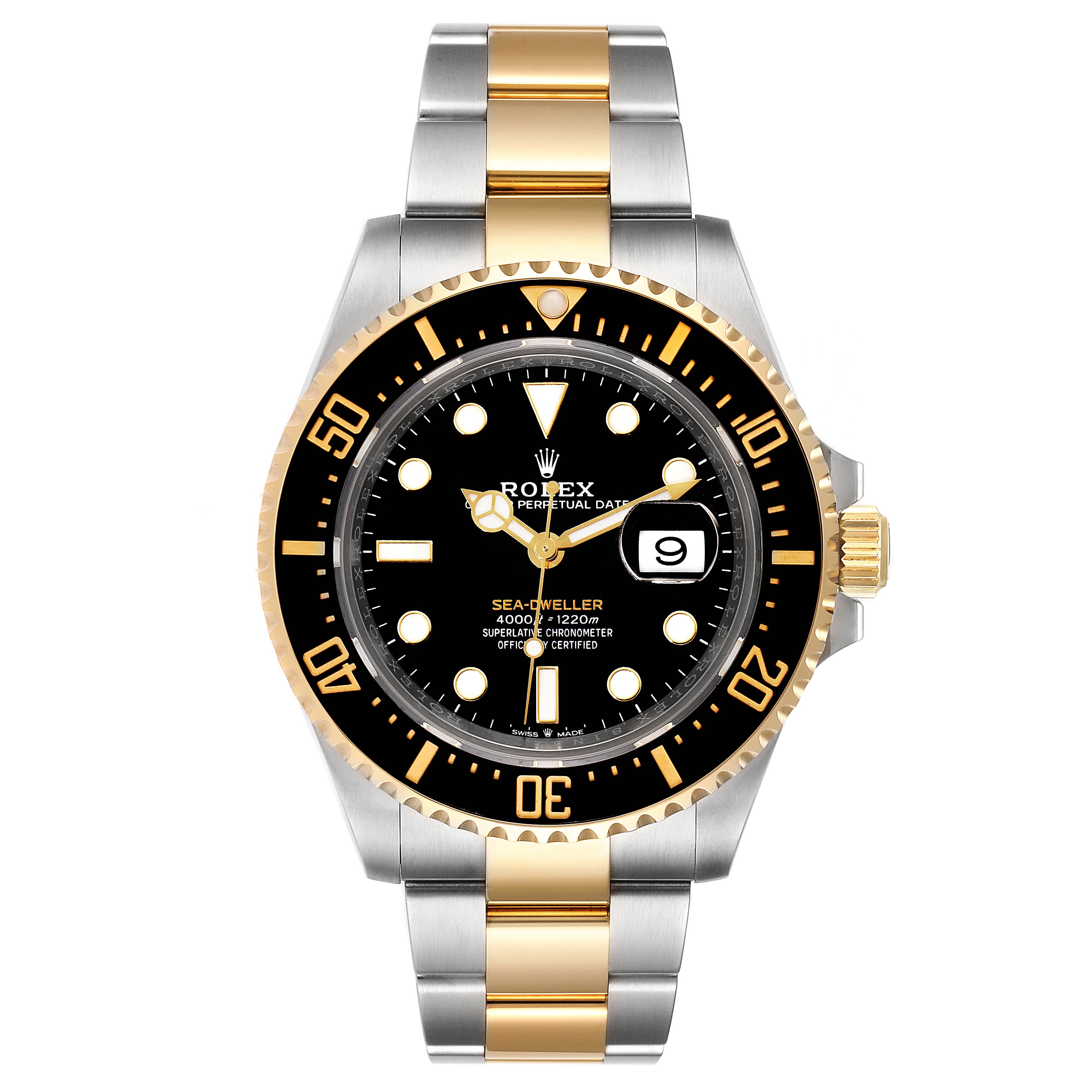 The Rolex Sea-Dweller 126603 Men's Steel and Gold (two tone) Black Dial 126603 Men's Steel and Gold (two tone) Black Dial watch is shown from a straight-on angle, highlighting the face, bezel, and bracelet.