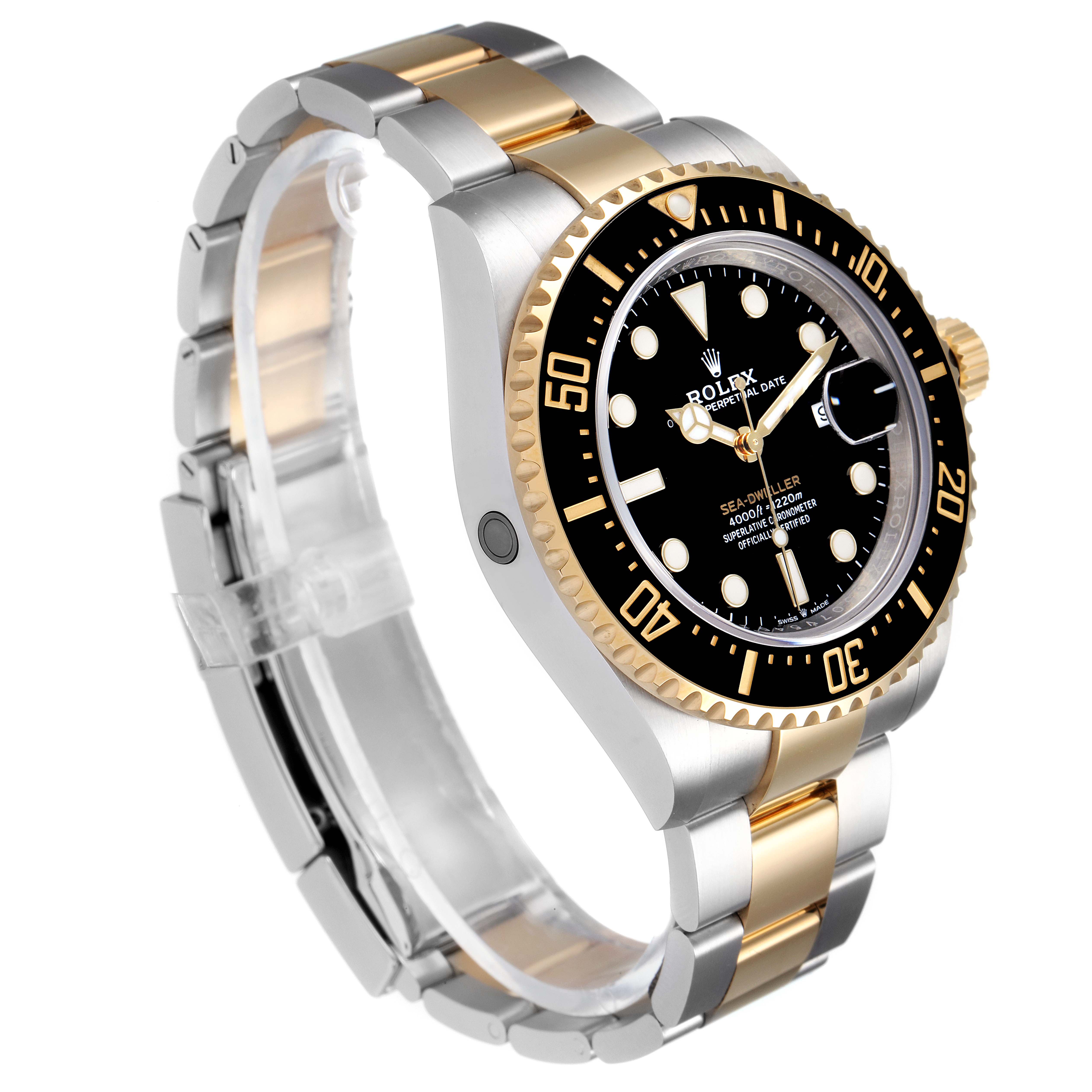 This Rolex Sea-Dweller 126603 Men's Steel and Gold (two tone) Black Dial 126603 Men's Steel and Gold (two tone) Black Dial watch is shown at a slight angle, highlighting the bezel, dial, bracelet, and side profile.