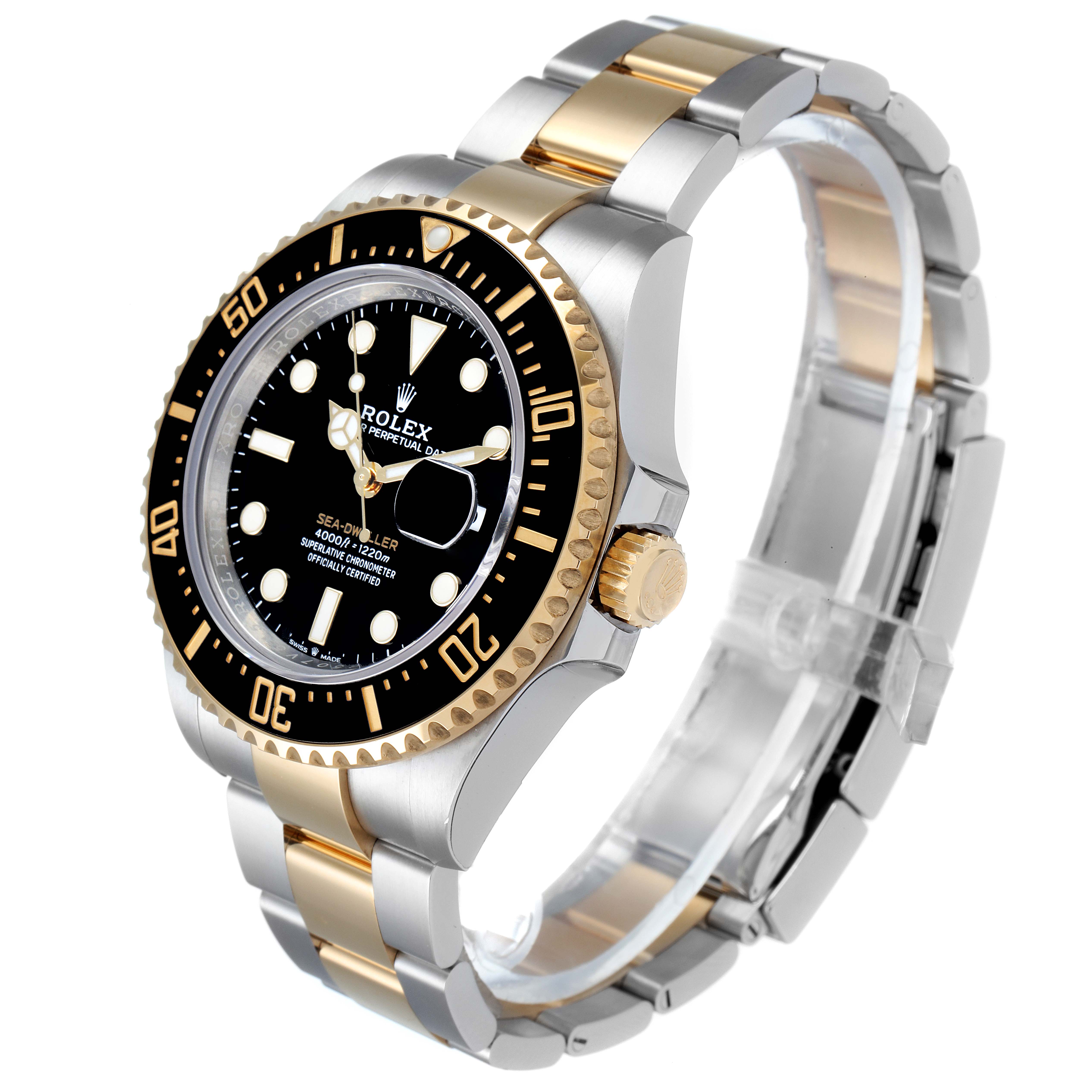 This image shows a side-angle view of a Rolex Sea-Dweller 126603 Men's Steel and Gold (two tone) Black Dial 126603 Men's Steel and Gold (two tone) Black Dial watch, highlighting its bezel, dial, crown, and bracelet.