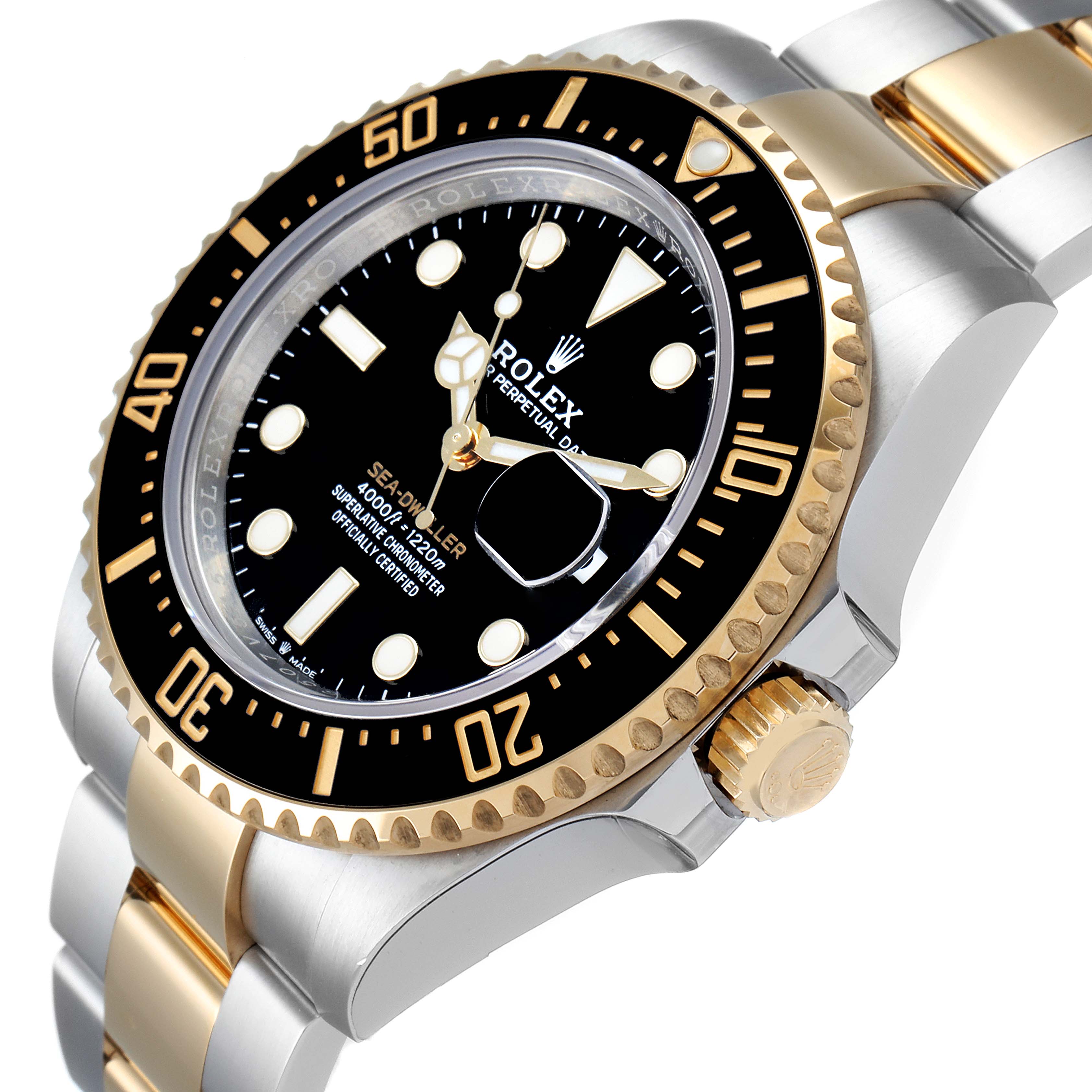 The image shows a close-up, angled view of the face, bezel, and part of the bracelet and crown of the Rolex Sea-Dweller 126603 Men's Steel and Gold (two tone) Black Dial 126603 Men's Steel and Gold (two tone) Black Dial watch.