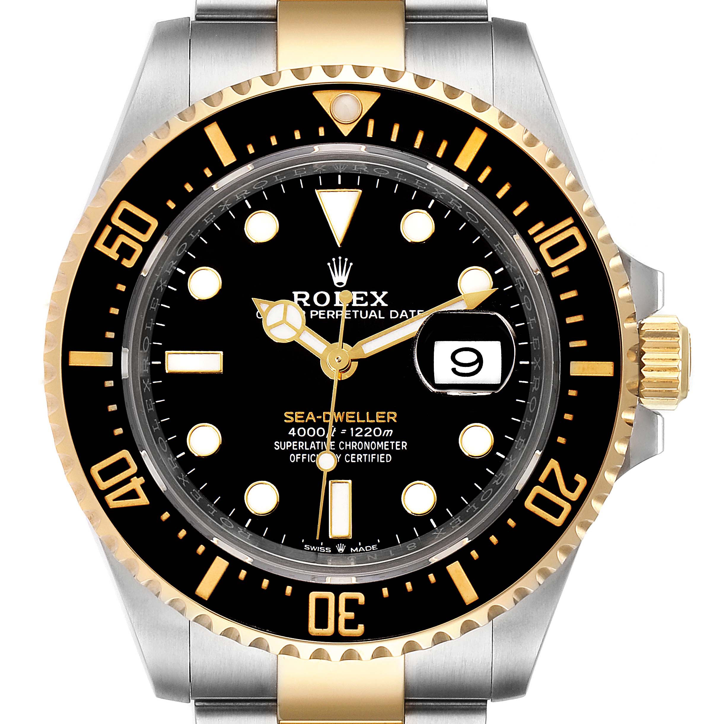 The image shows a front view of the Rolex Sea-Dweller 126603 Men's Steel and Gold (two tone) Black Dial 126603 Men's Steel and Gold (two tone) Black Dial watch, highlighting the dial, bezel, and part of the bracelet.