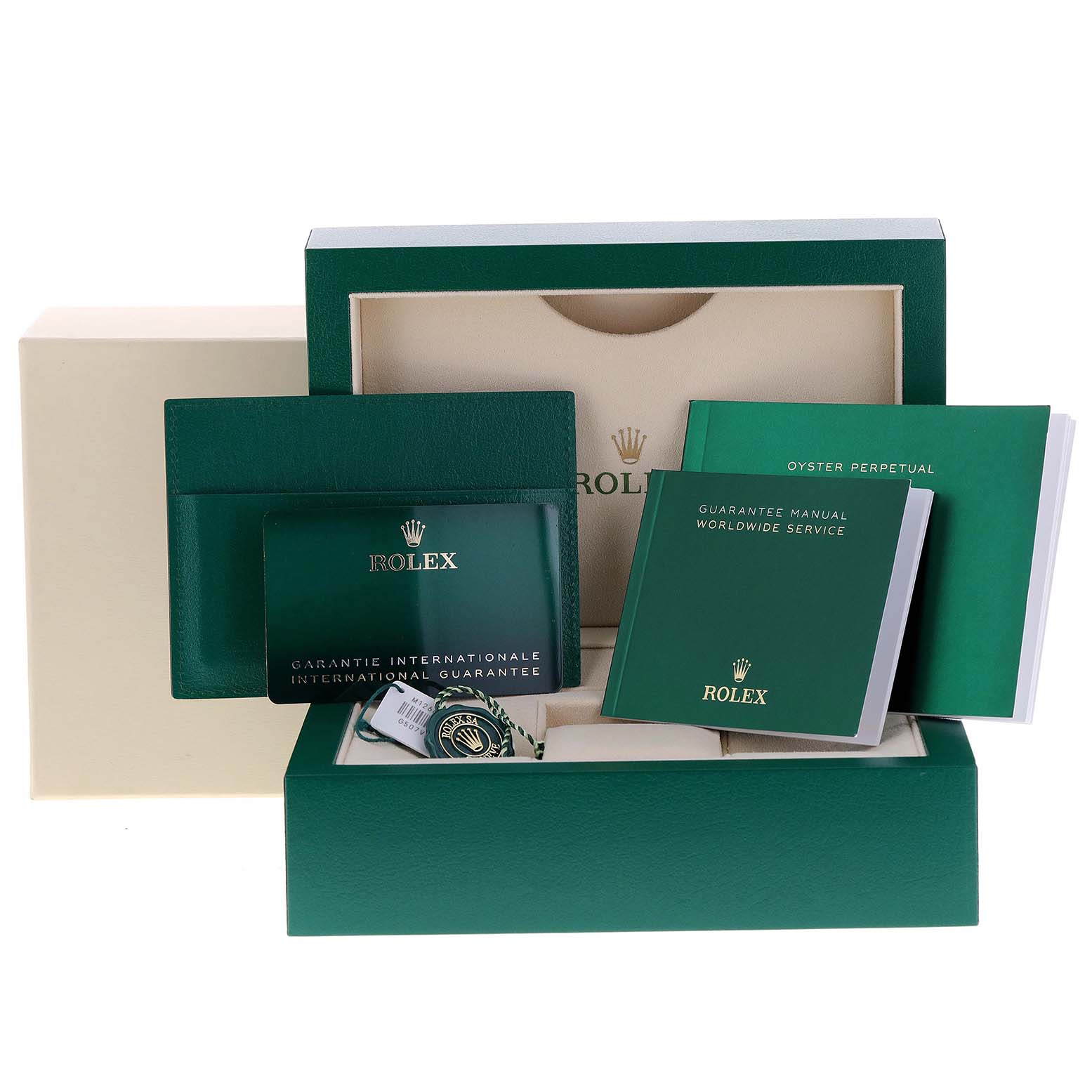 The image shows the packaging, guarantee manual, and accessories for the Rolex Sea-Dweller 126603 Men's Steel and Gold (two tone) Black Dial 126603 Men's Steel and Gold (two tone) Black Dial model watch.