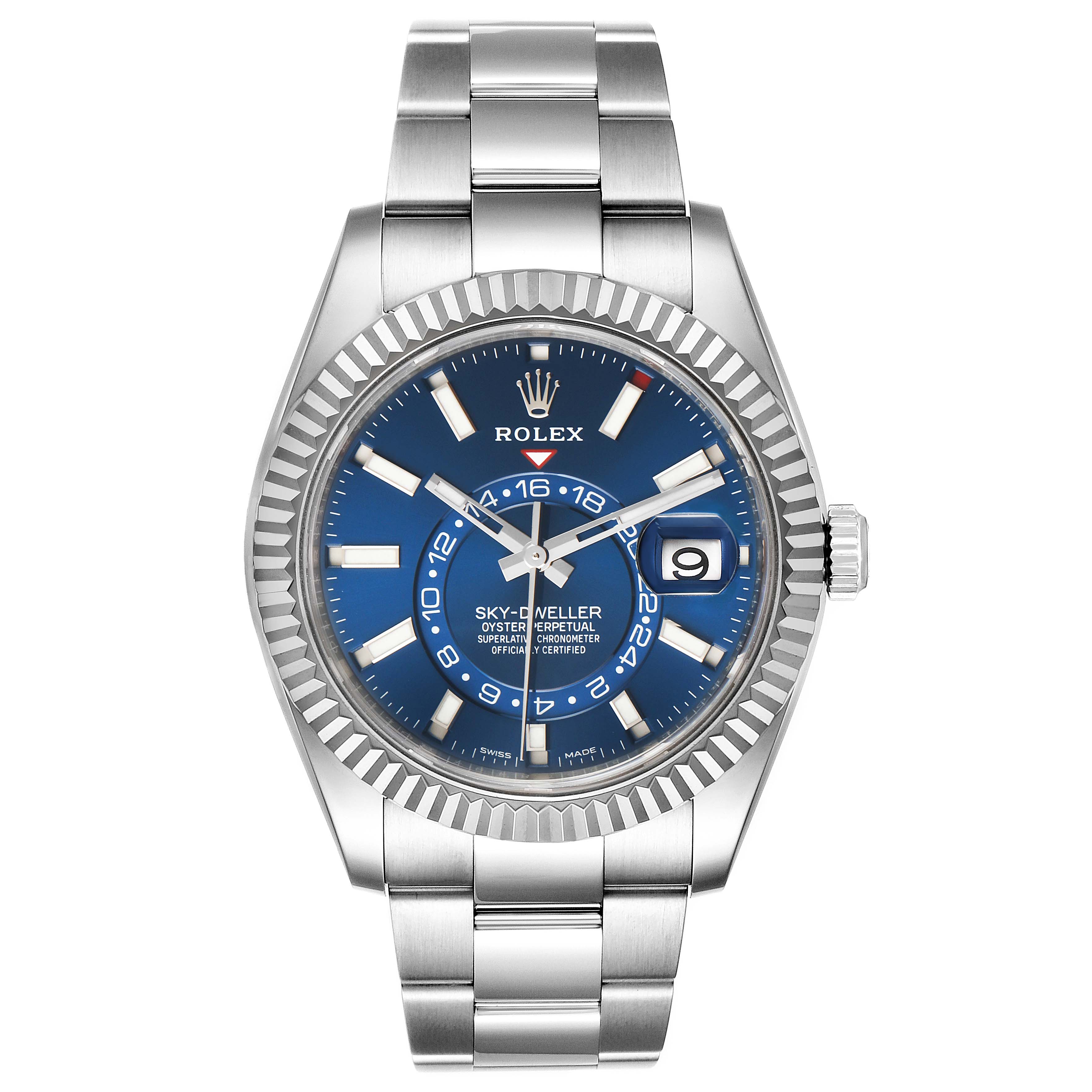 The image shows a front view of the Rolex Sky-Dweller 326934 Men's Stainless Steel Blue Dial 326934 Men's Stainless Steel Blue Dial watch, highlighting the blue dial, bezel, and bracelet.