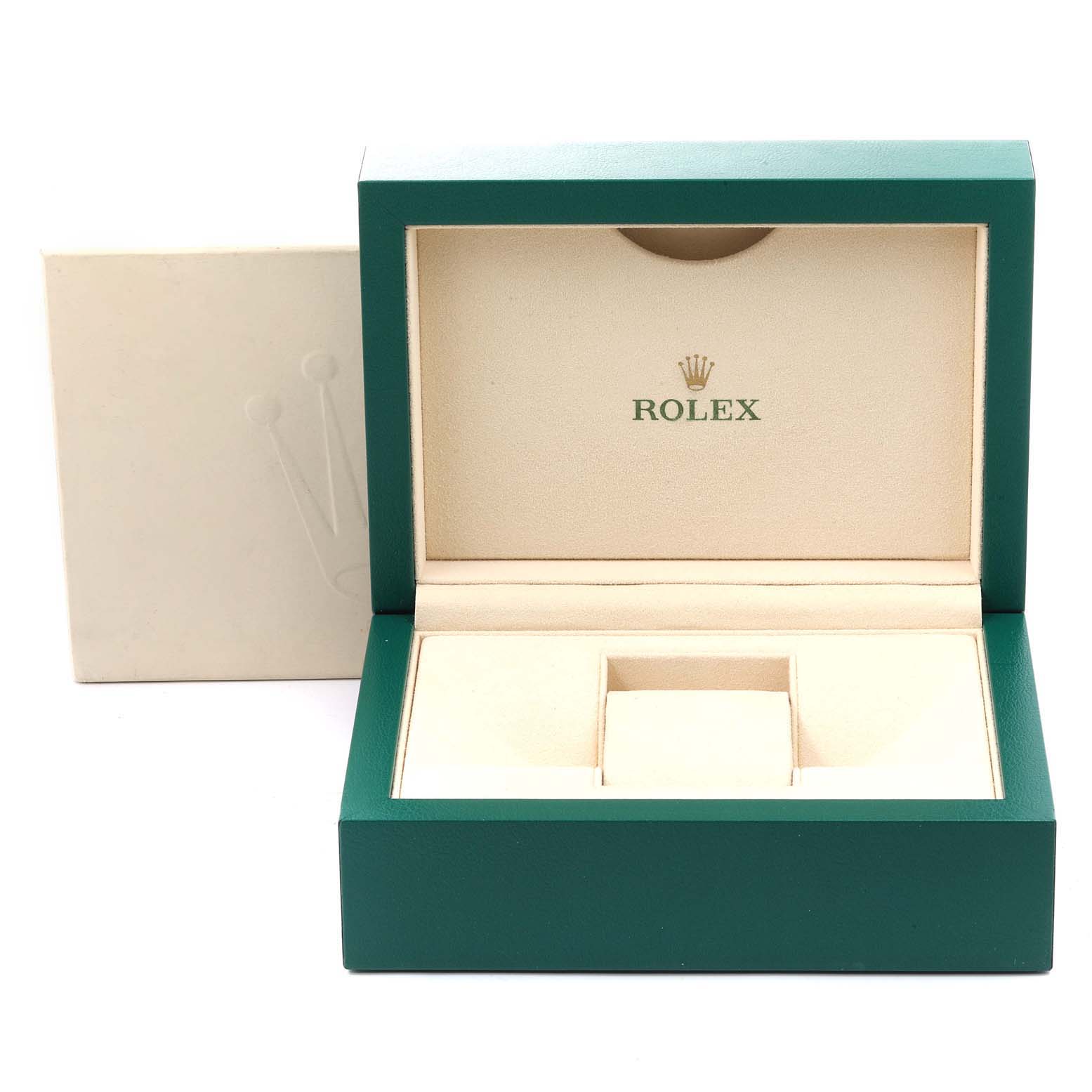 This image shows an open Rolex Sky-Dweller 326934 Men's Stainless Steel Blue Dial 326934 Men's Stainless Steel Blue Dial watch box, highlighting the interior compartments and the brand logo.