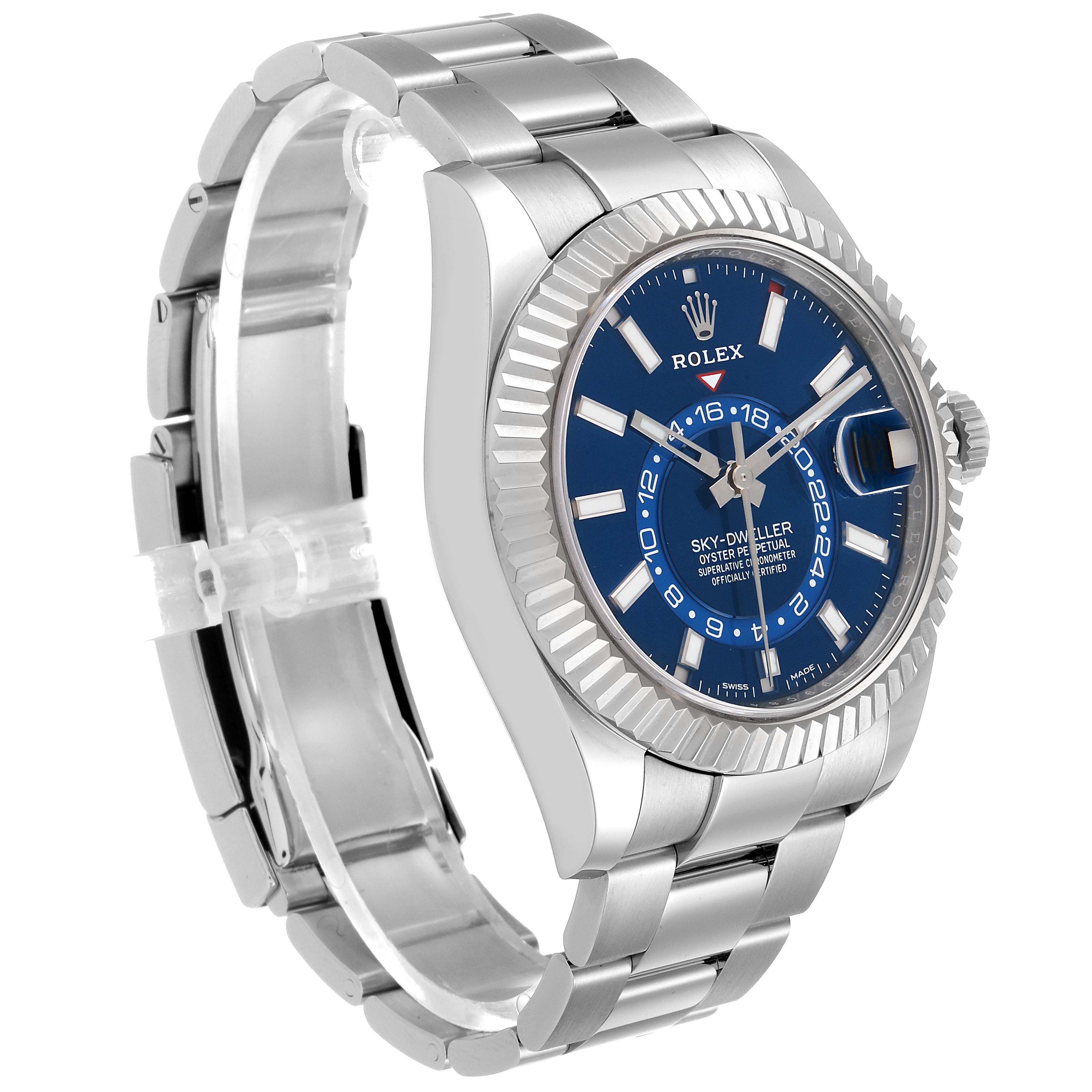 The Rolex Sky-Dweller 326934 Men's Stainless Steel Blue Dial 326934 Men's Stainless Steel Blue Dial watch is shown at an angled side view, highlighting its blue dial, fluted bezel, and stainless steel bracelet.