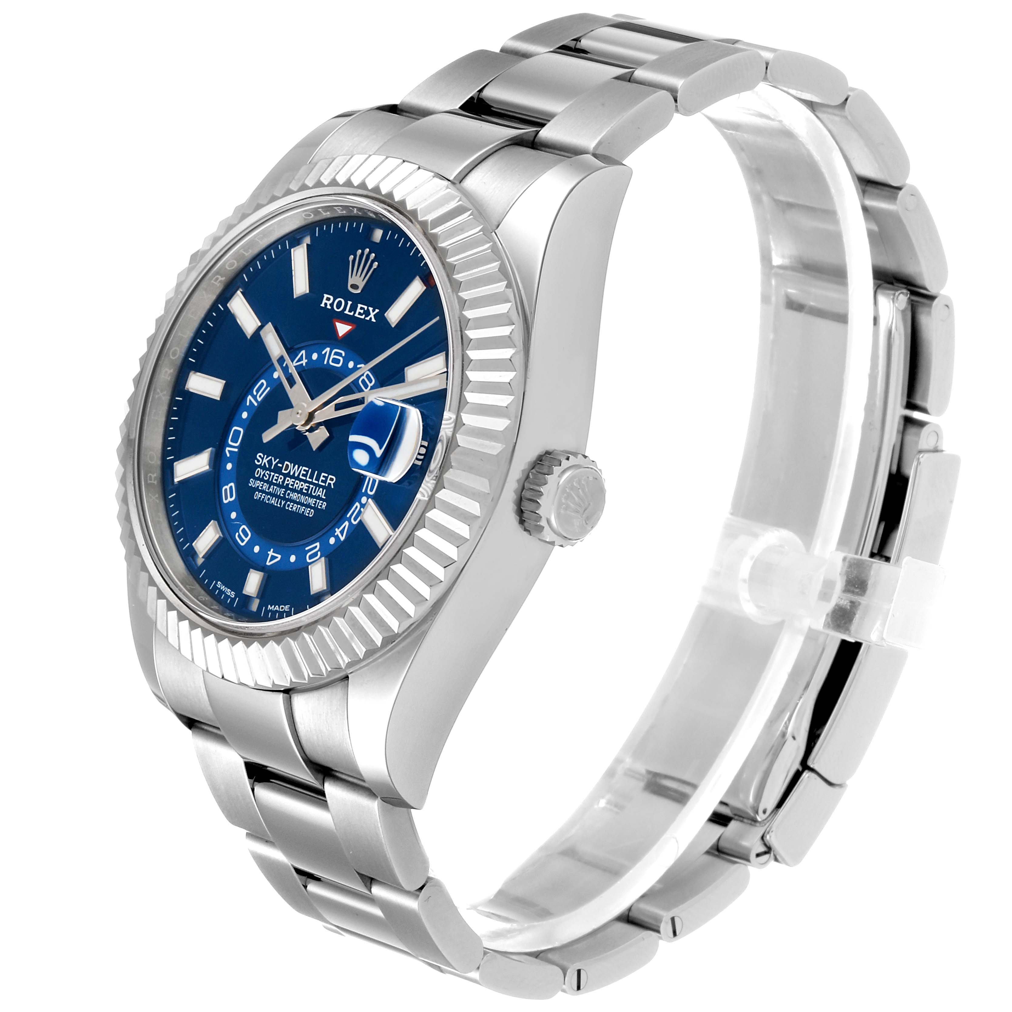 The image shows a side angle of the Rolex Sky-Dweller 326934 Men's Stainless Steel Blue Dial 326934 Men's Stainless Steel Blue Dial watch, highlighting the blue dial, fluted bezel, and stainless steel bracelet.