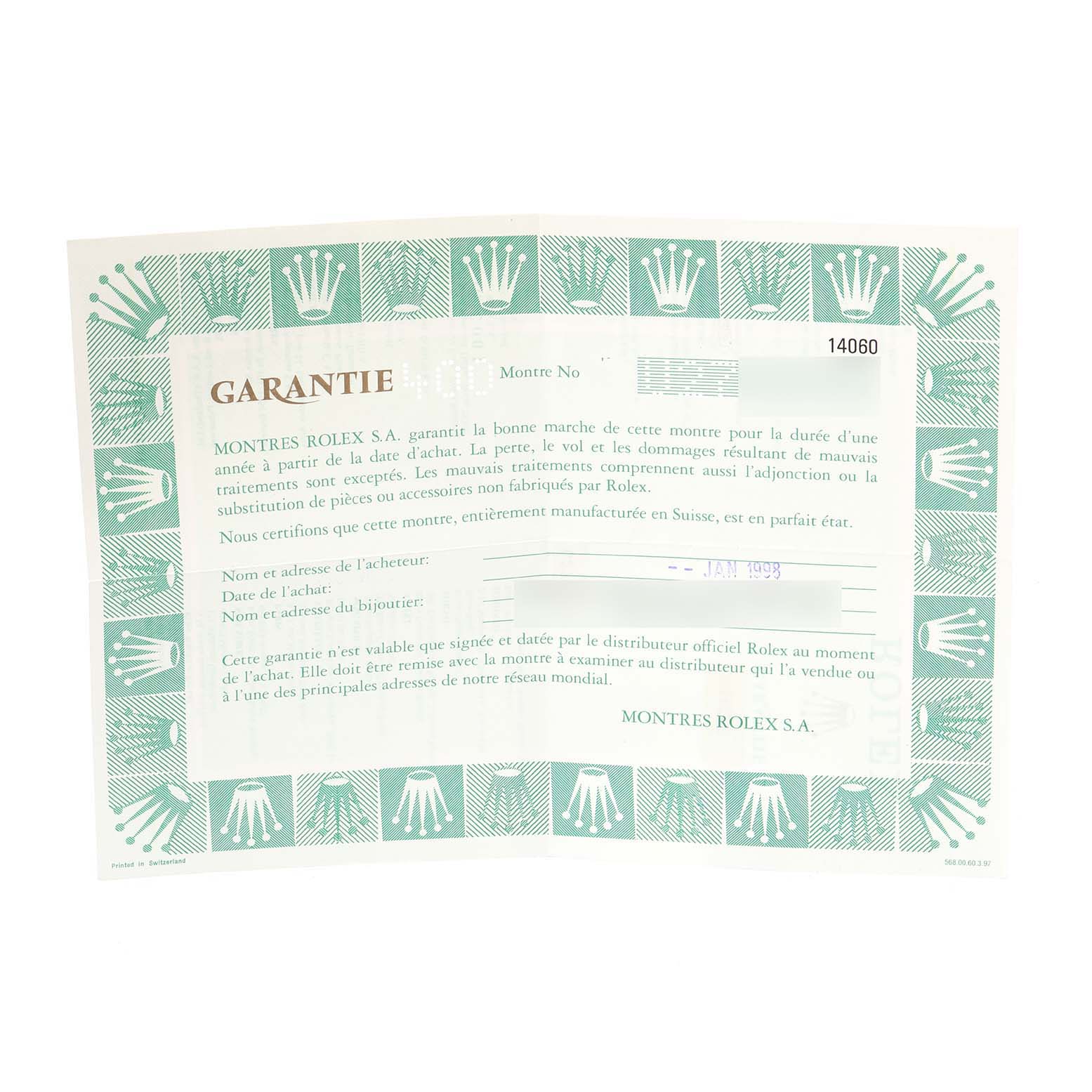 This image shows the warranty certificate for a Rolex Submariner 14060 Men's Stainless Steel Black Dial 14060 Men's Stainless Steel Black Dial model.