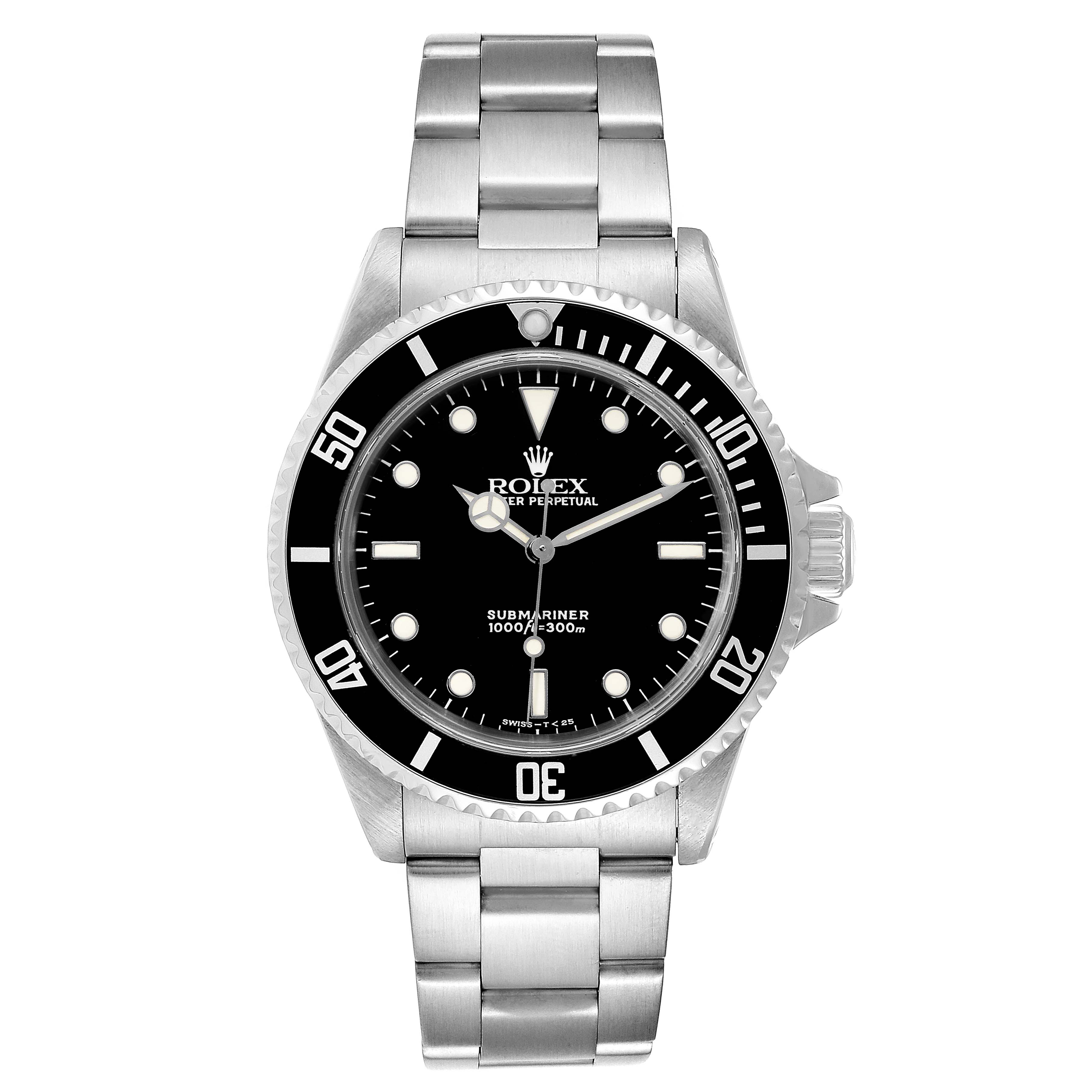 This image shows a front-facing angle of the Rolex Submariner 14060 Men's Stainless Steel Black Dial 14060 Men's Stainless Steel Black Dial watch, highlighting its black dial, bezel, and stainless steel bracelet.