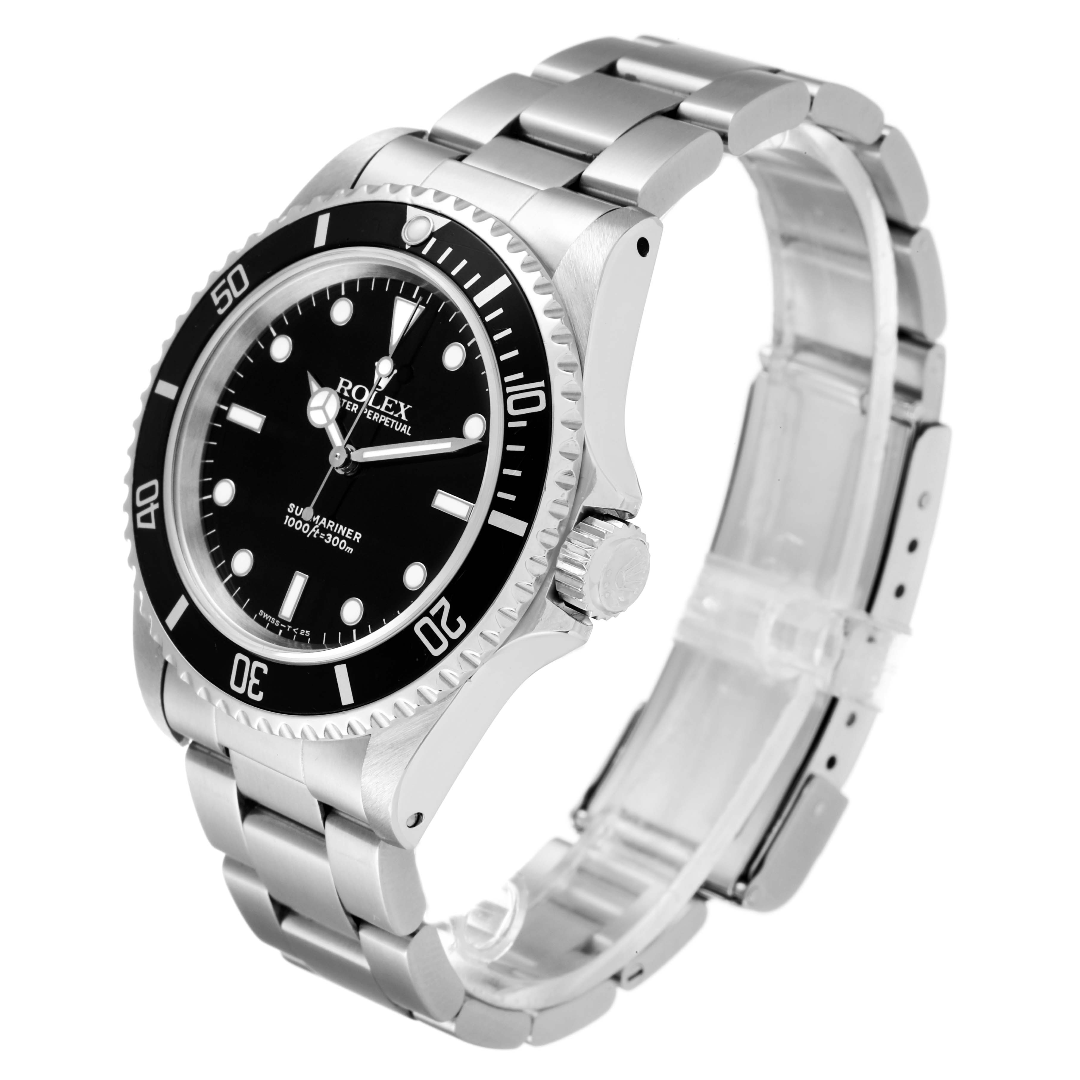 The image shows a Rolex Submariner 14060 Men's Stainless Steel Black Dial 14060 Men's Stainless Steel Black Dial watch at an angled side view, highlighting its bezel, dial, crown, and metal bracelet.