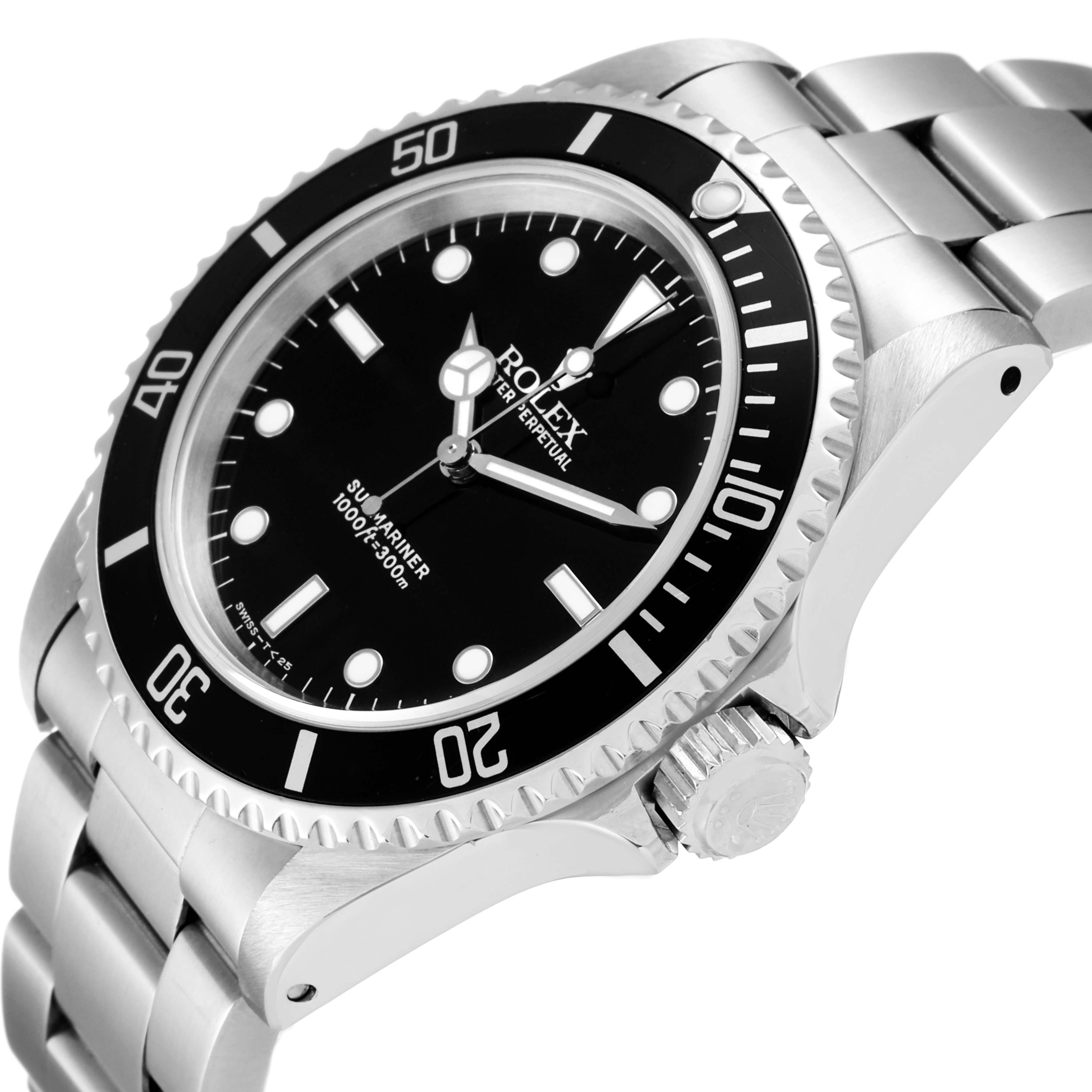 This image shows a Rolex Submariner 14060 Men's Stainless Steel Black Dial 14060 Men's Stainless Steel Black Dial watch angled from the top-right, highlighting the bezel, dial, crown, and part of the bracelet.