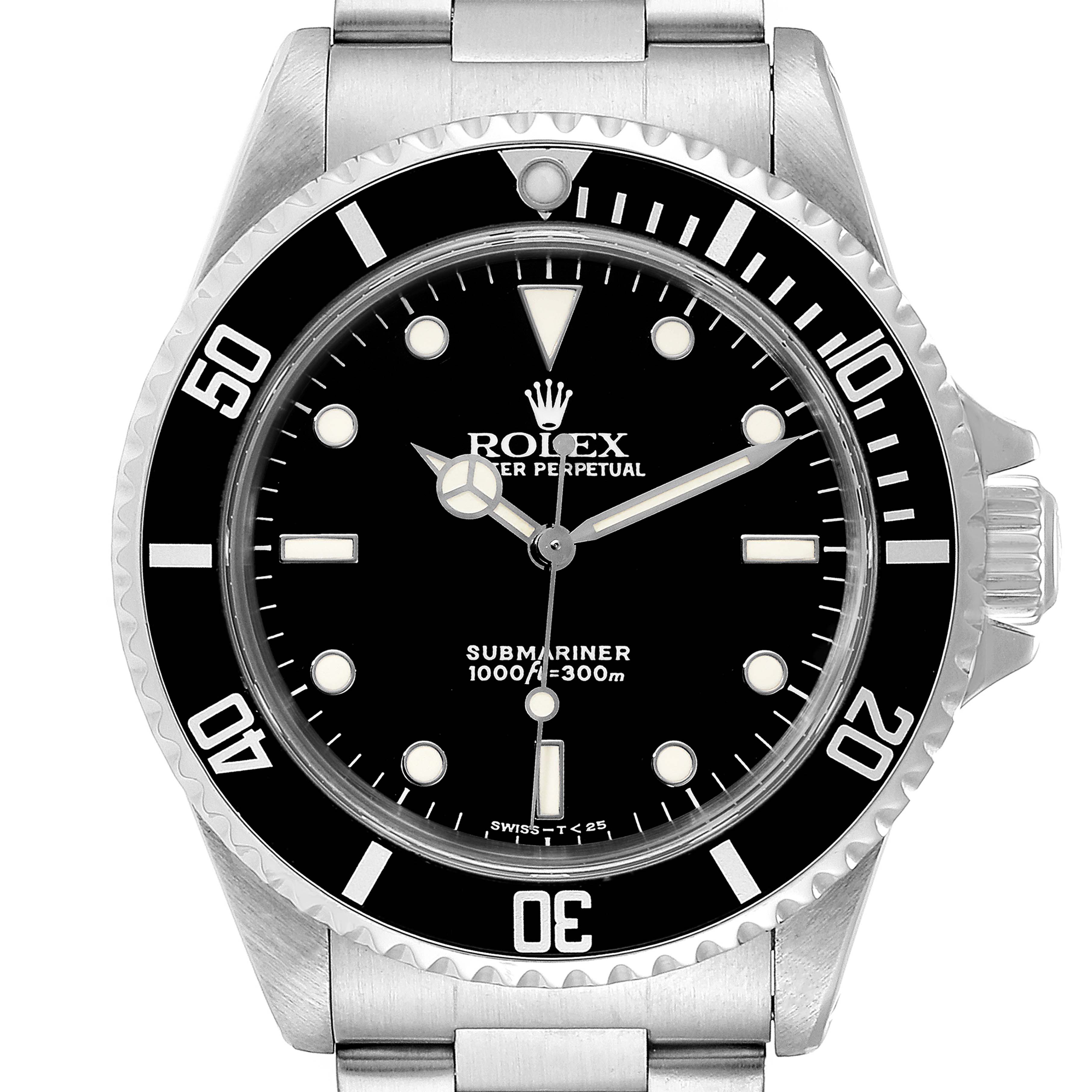 This image shows a frontal view of a Rolex Submariner 14060 Men's Stainless Steel Black Dial 14060 Men's Stainless Steel Black Dial watch, highlighting its face, bezel, crown, and part of the bracelet.