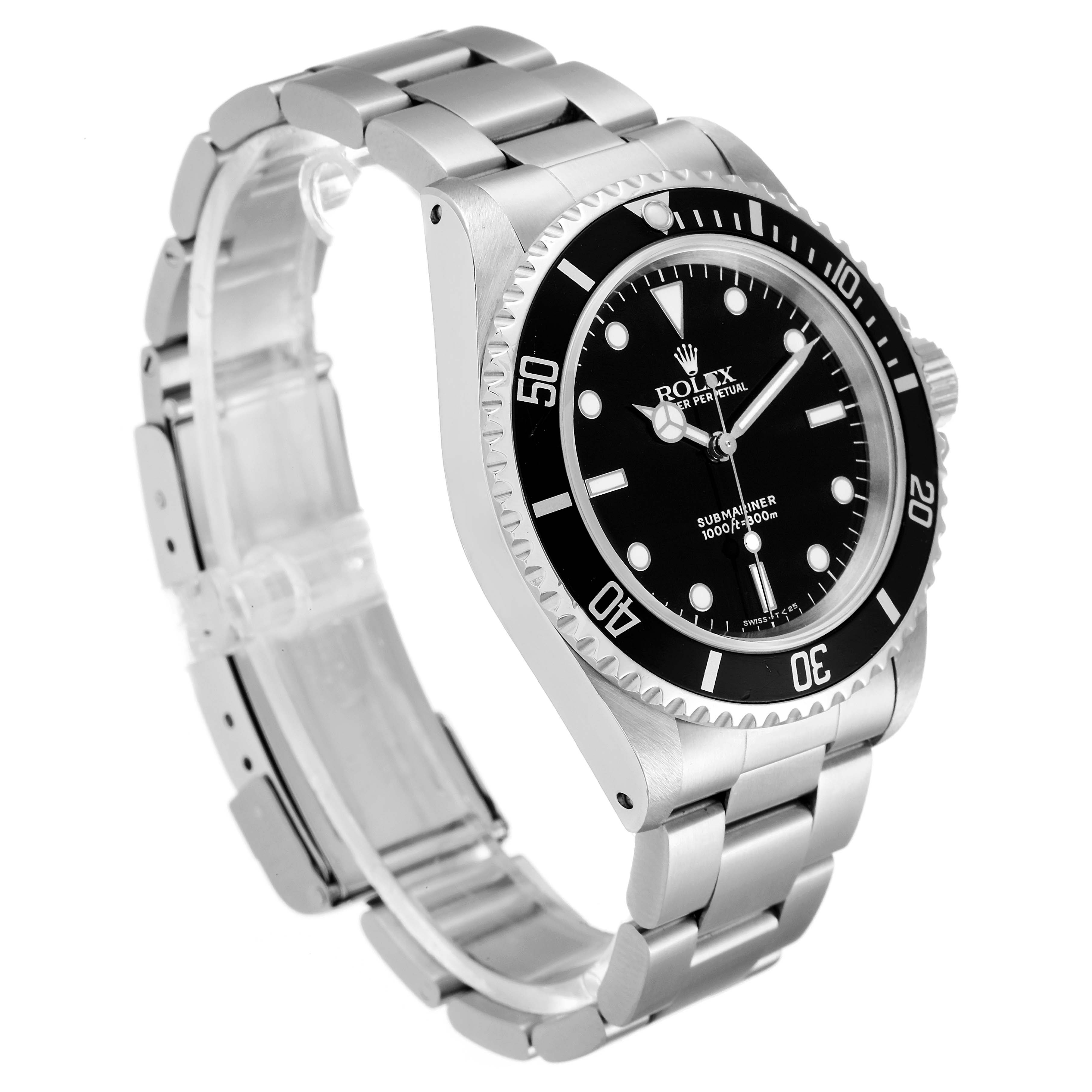 The image shows a Rolex Submariner 14060 Men's Stainless Steel Black Dial 14060 Men's Stainless Steel Black Dial watch at a 3/4 angle, highlighting its face, bezel, and bracelet.