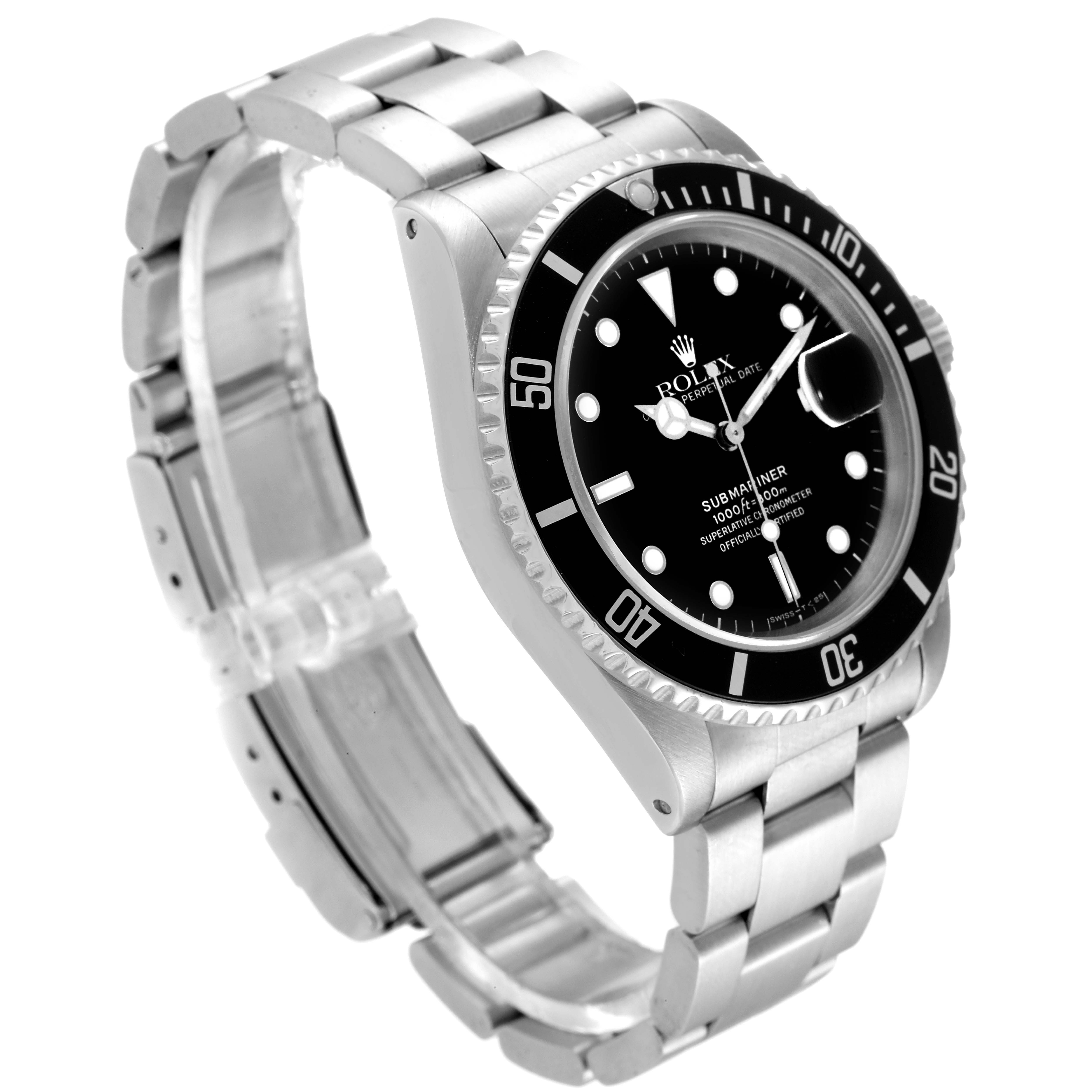 The image shows a Rolex Submariner 16610 Men
s Stainless Steel Black Dial 16610 Men
s Stainless Steel Black Dial watch angled from the front-left, displaying its dial, bezel, and metal bracelet.