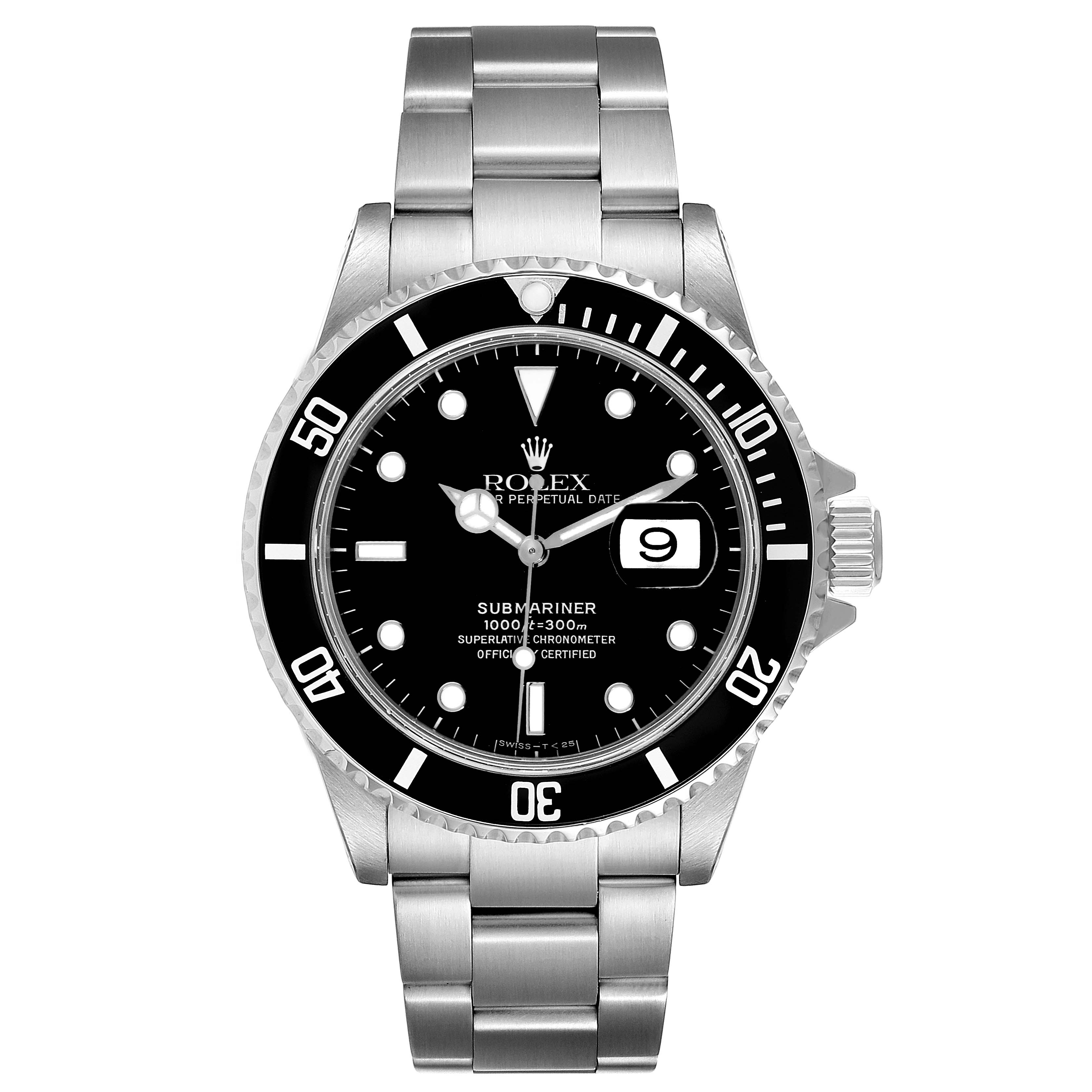 This image shows a Rolex Submariner 16610 Men
s Stainless Steel Black Dial 16610 Men
s Stainless Steel Black Dial watch from a frontal view, displaying the dial, bezel, and bracelet.