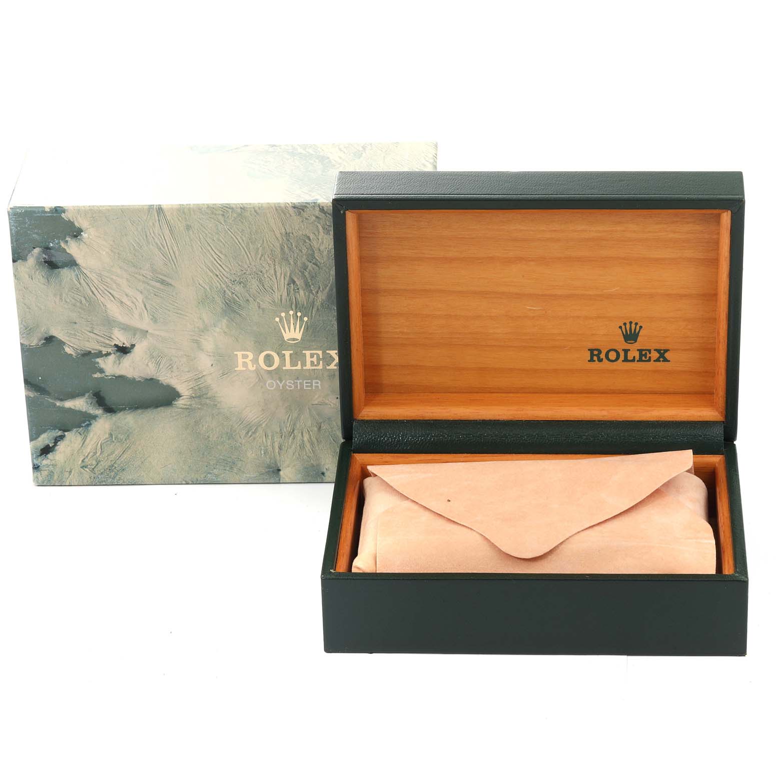 The image shows a green Rolex Submariner 16610 Men
s Stainless Steel Black Dial 16610 Men
s Stainless Steel Black Dial watch box, partially open to reveal a beige pouch inside.