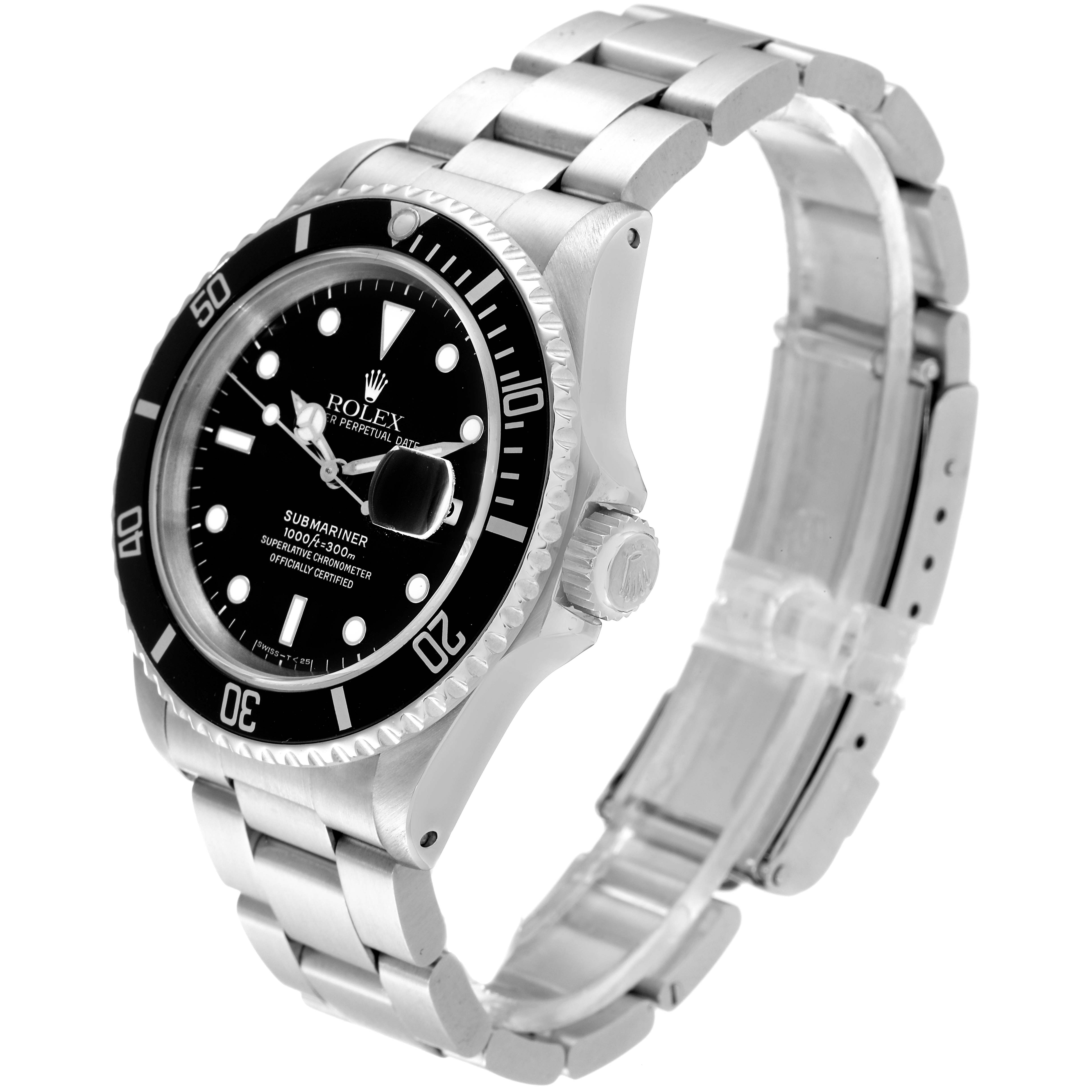 The image shows a Rolex Submariner 16610 Men
s Stainless Steel Black Dial 16610 Men
s Stainless Steel Black Dial watch at a three-quarter angle, highlighting its face, bezel, crown, and bracelet.