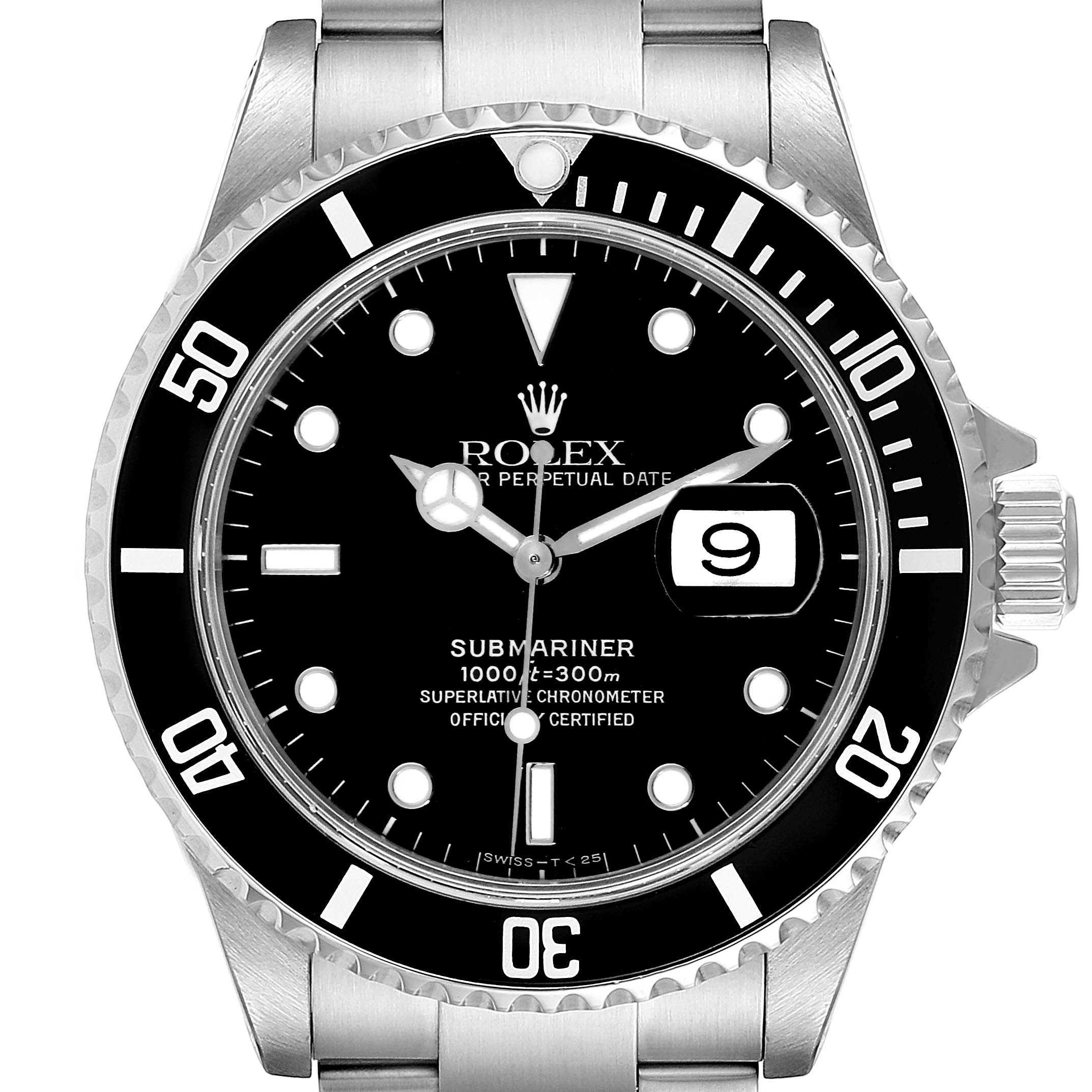 The Rolex Submariner 16610 Men
s Stainless Steel Black Dial 16610 Men
s Stainless Steel Black Dial watch is shown from a front angle, displaying the dial, bezel, and part of the bracelet with clear markings.